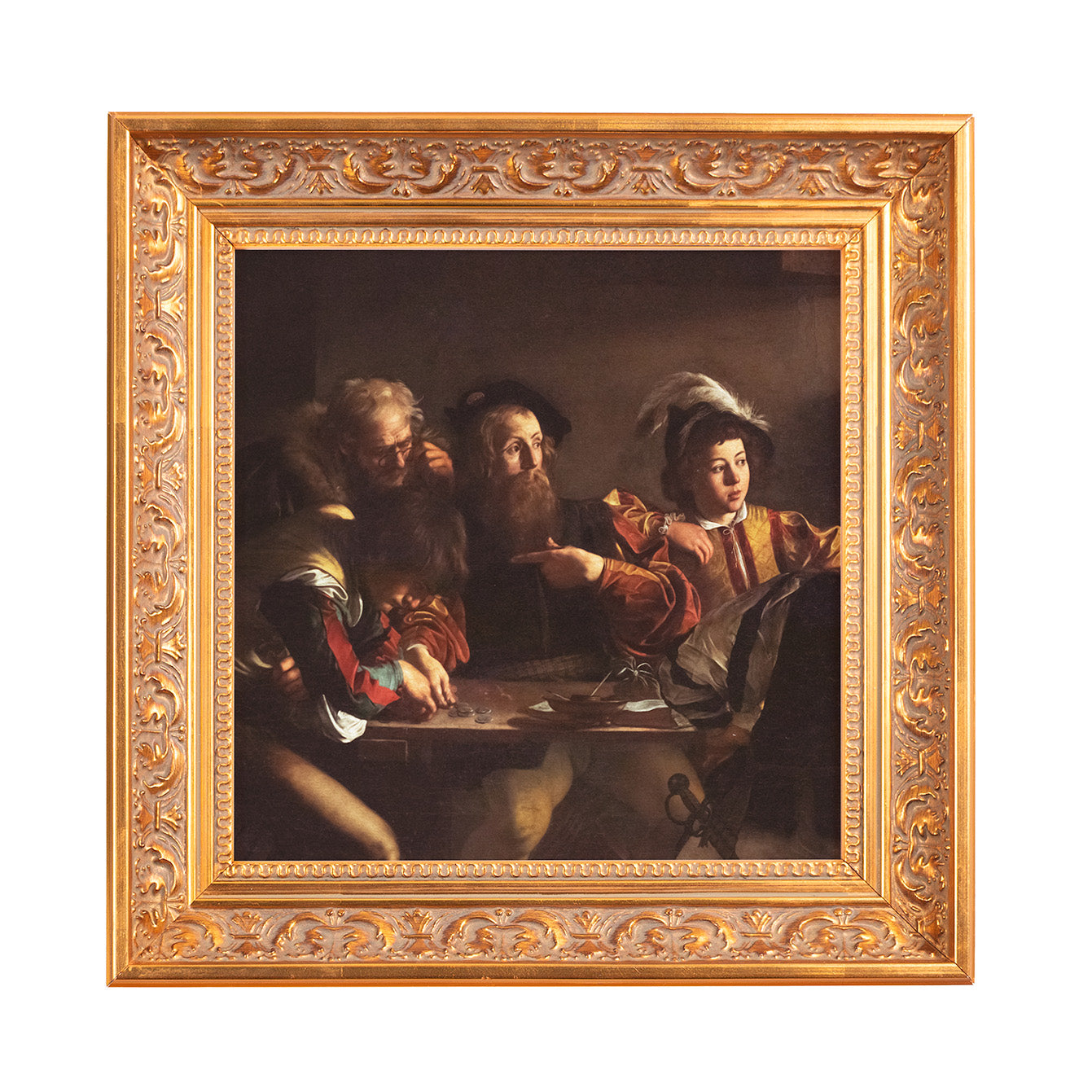 Framed painting of men gambling, oil on canvas, in an ornate gold frame, Renaissance style.