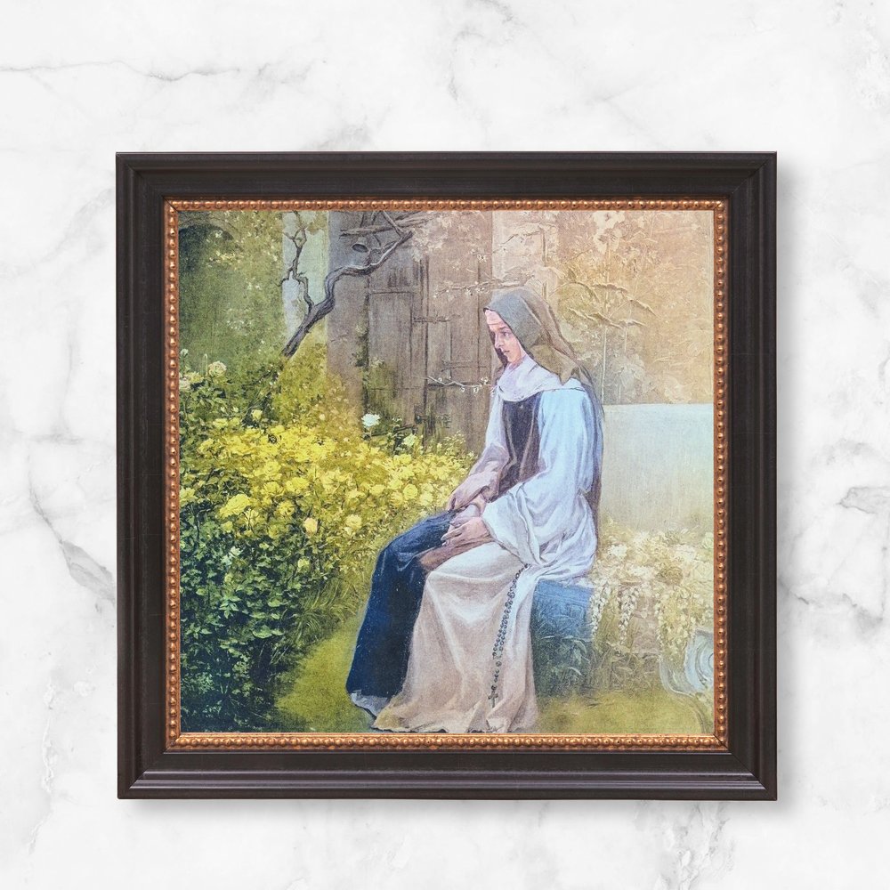 Framed print. Painting of a nun in a garden with yellow flowers and wearing black, white, and grey clothing.