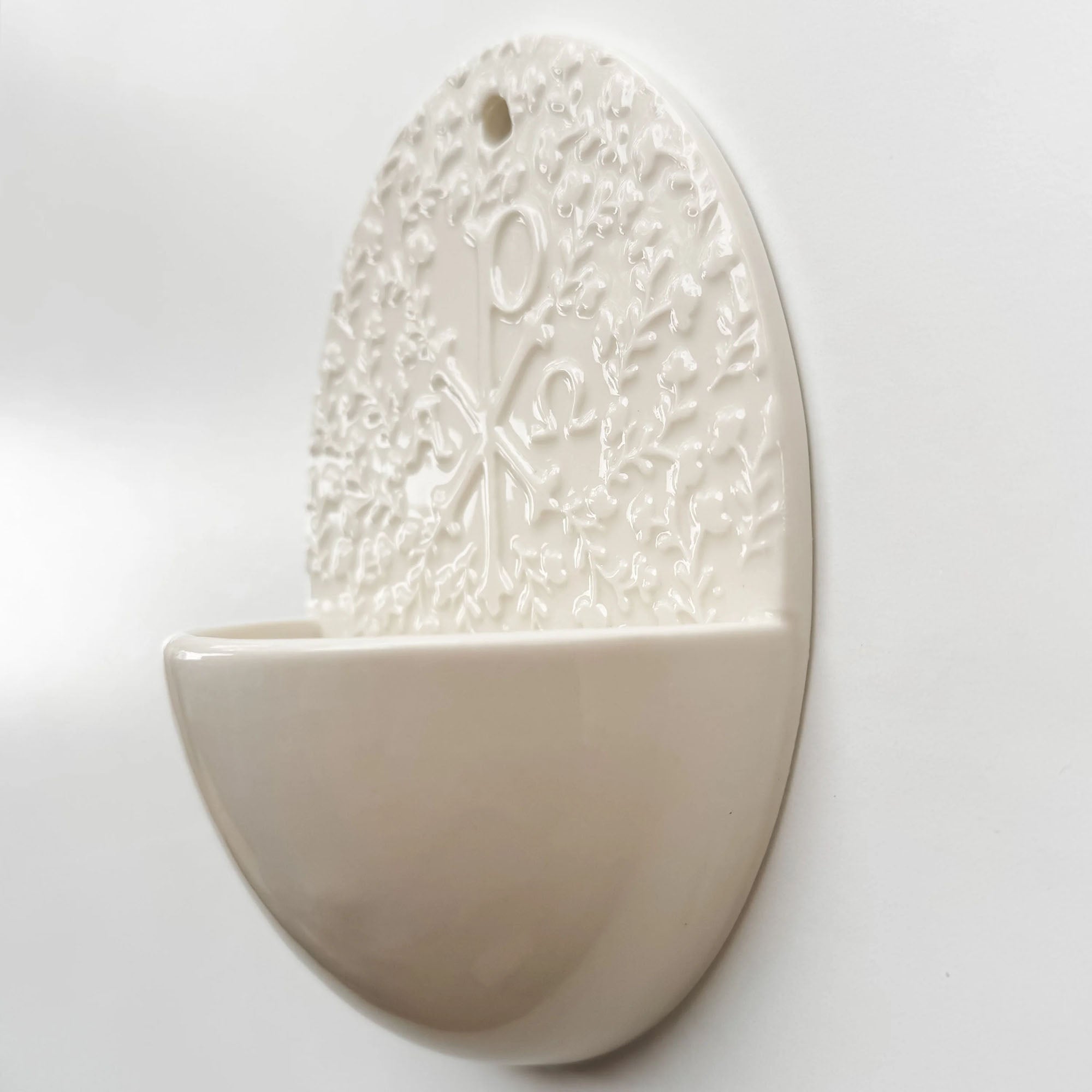 Ceramic Floral Chi Rho Holy Water Font - 7"