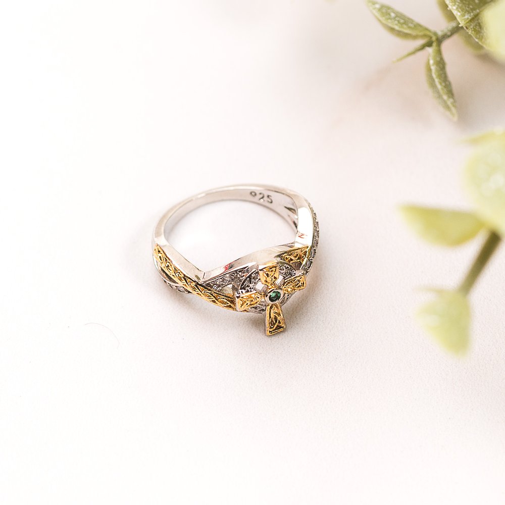 Gold Plated 2-Tone Celtic Cross Ring - Multiple Sizes