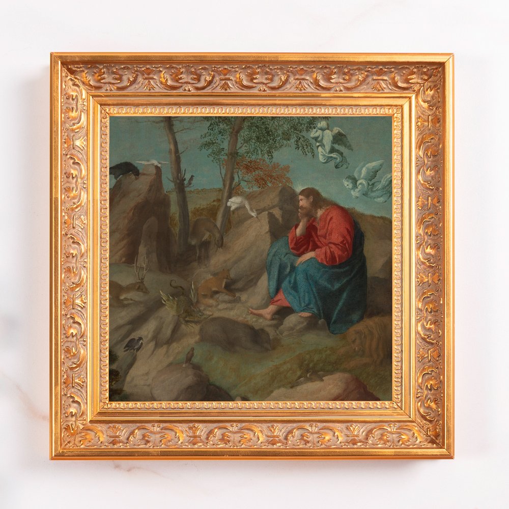 Framed Painting of Christ in the desert, oil on canvas with a detailed gold frame, showing a blue and red robed figure.