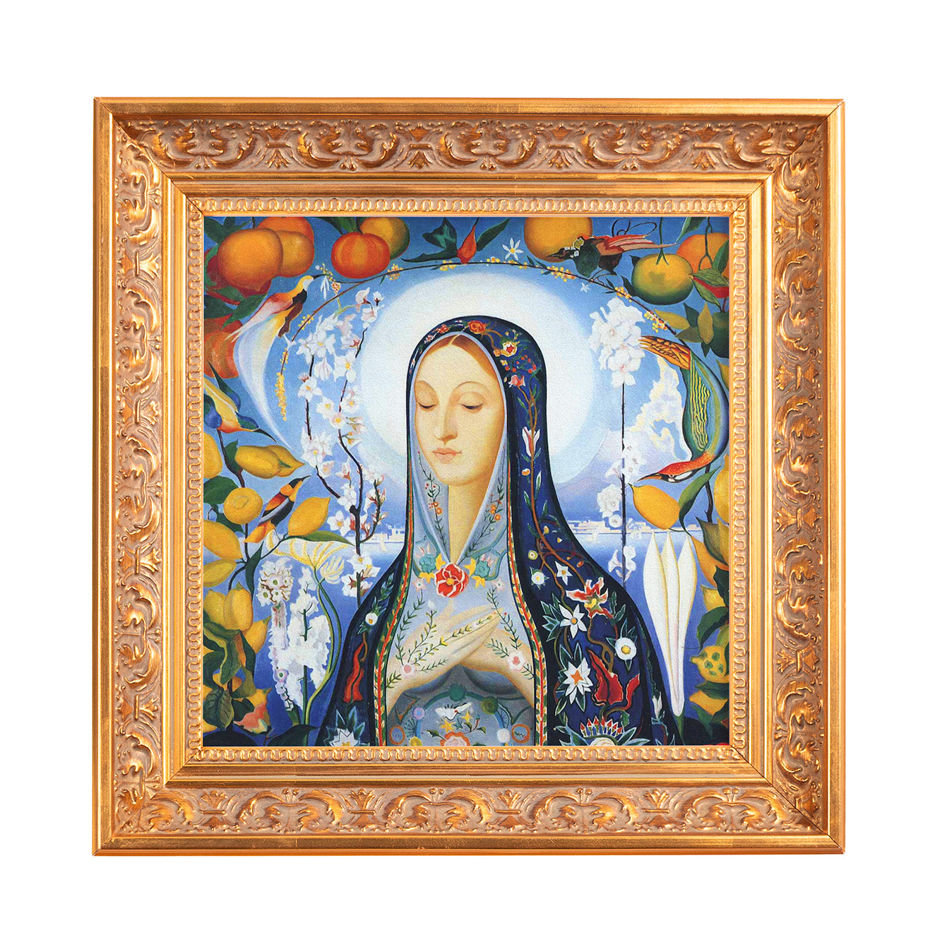 Framed painting of the Virgin Mary in a flowered veil, surrounded by fruit, flowers, and birds in bright colors with gold frame.