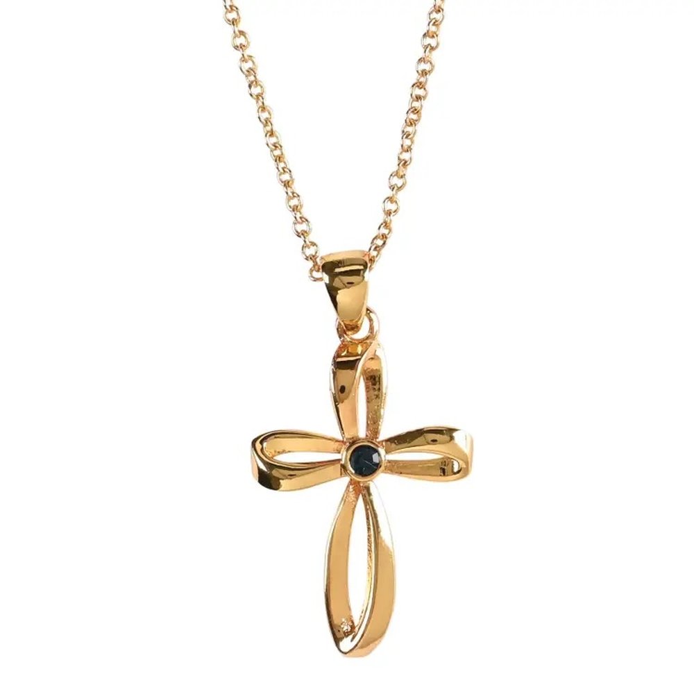 Gold cross pendant necklace with twisted ribbon design and blue stone center.