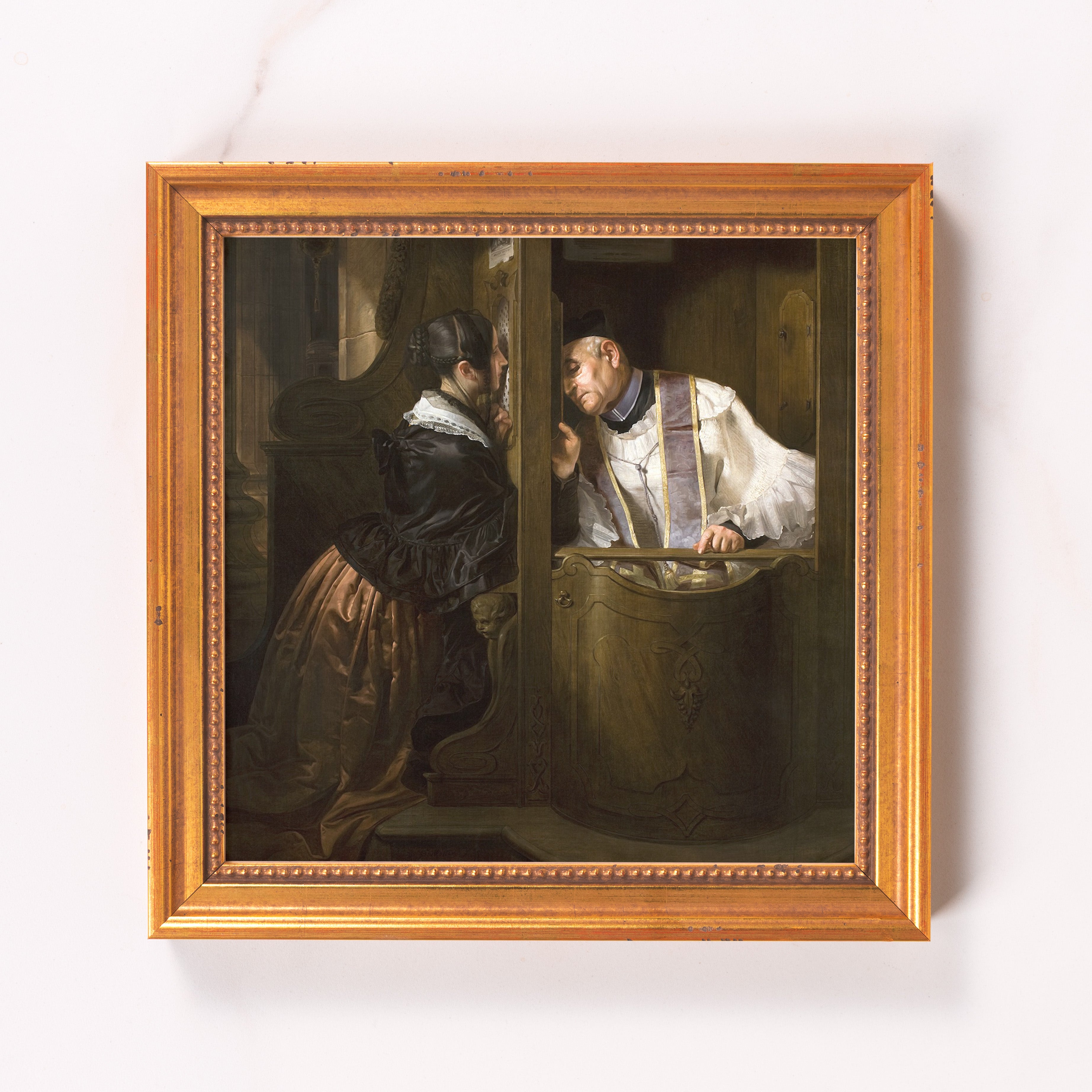 Framed painting depicts confession of a woman to a priest, with an aged gold frame.