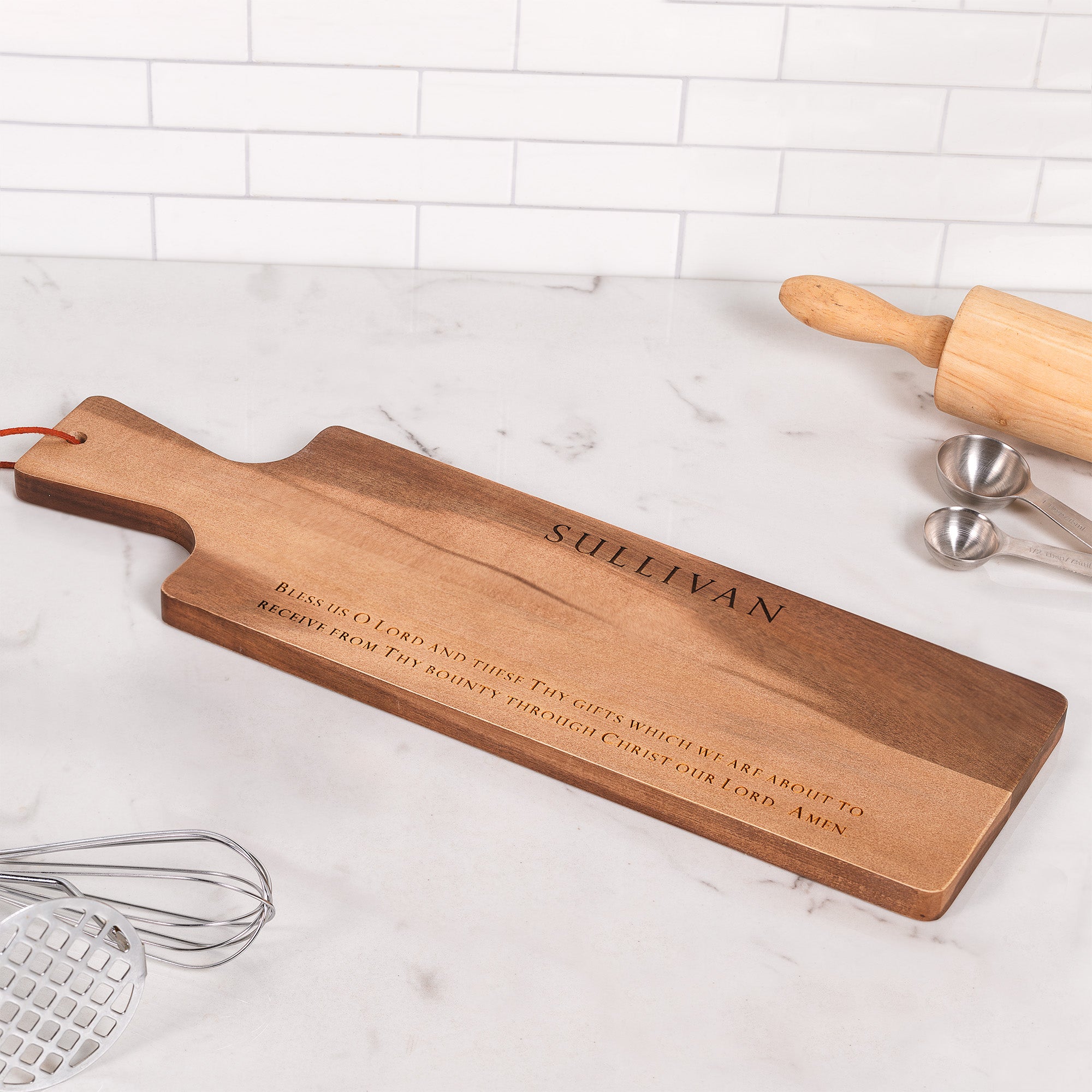 Personalized Bless Us O Lord Acacia Cutting Board