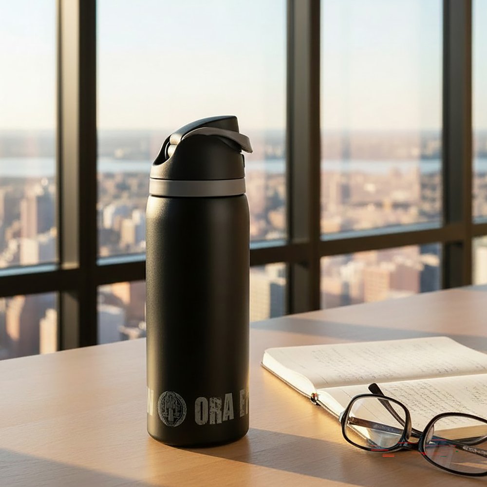 Black, stainless steel water bottle with logo and drinking lid sits on a desk next to glasses and an open book.