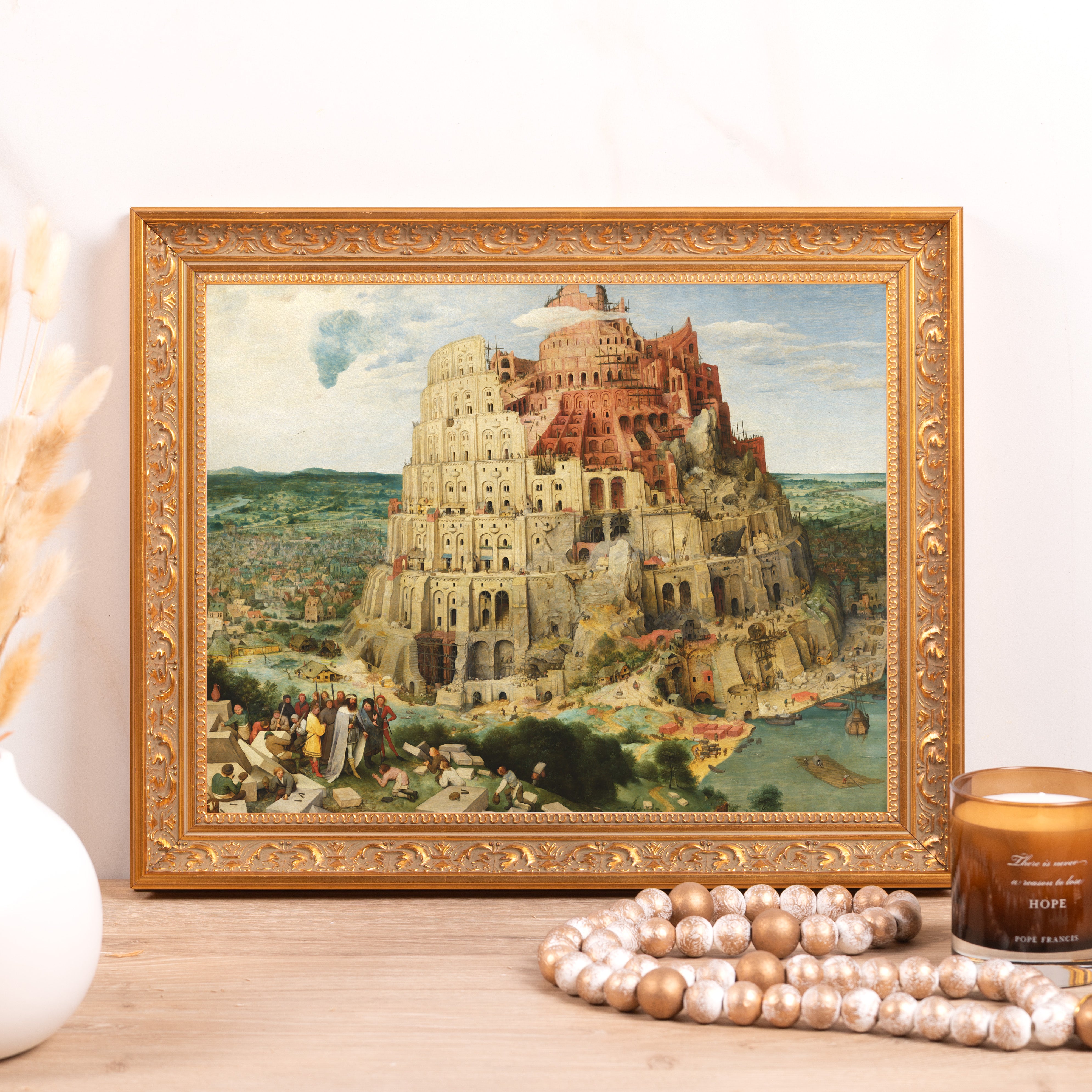Tower Of Babel painting with a gold ornate frame.