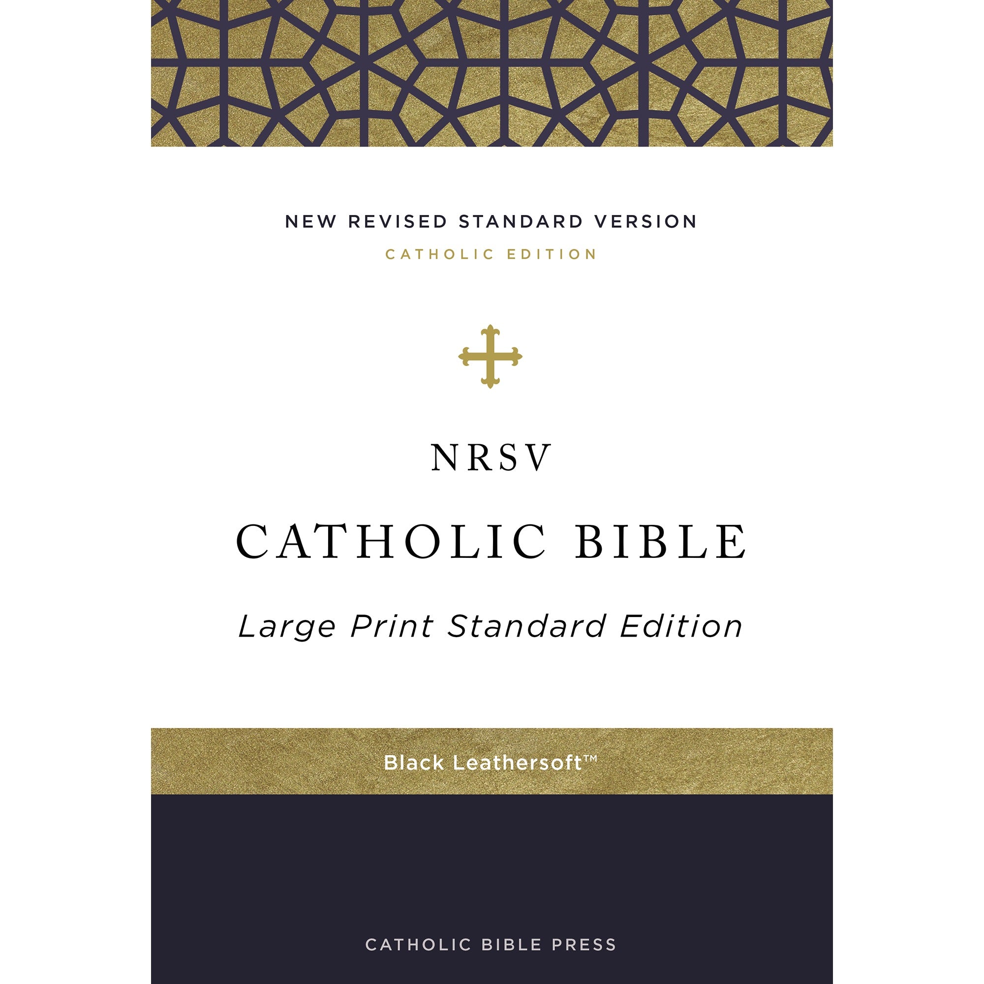 Catholic Bible large print edition, black leathersoft cover with gold geometric pattern.