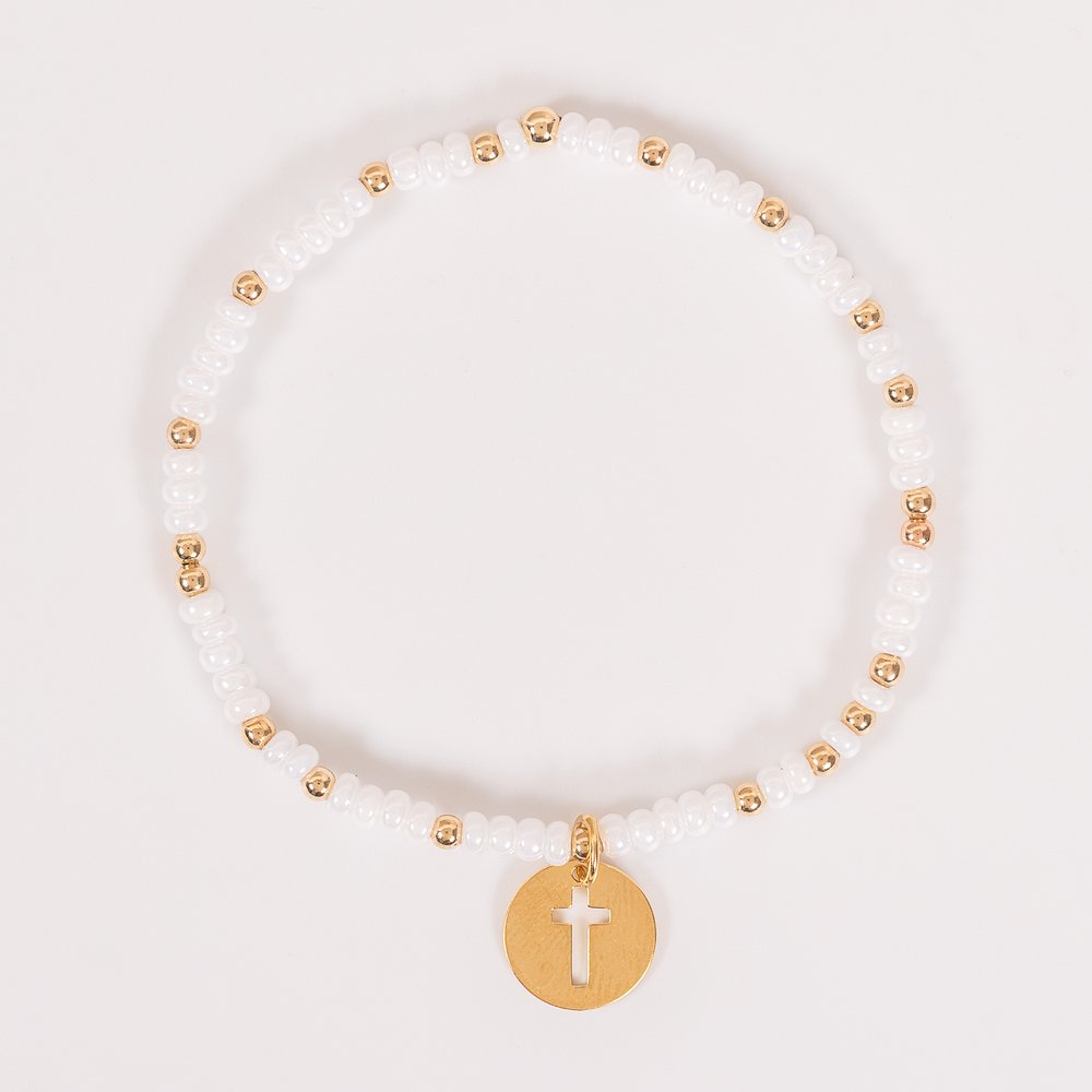 Pearl & Gold Bead Cross Cutout Charm Bracelet