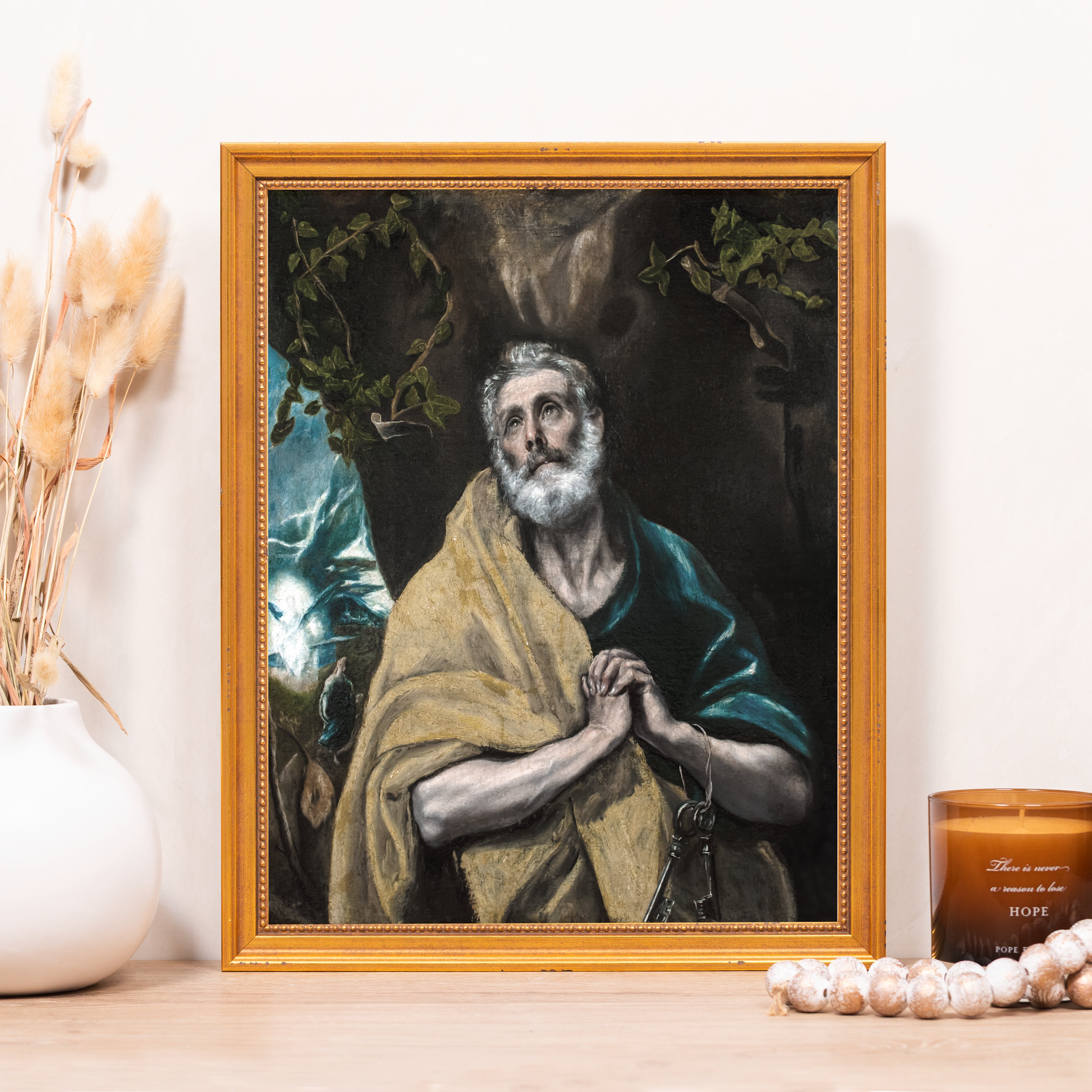 Framed art print of Saint Peter in oil paint with gold frame for home decor use.