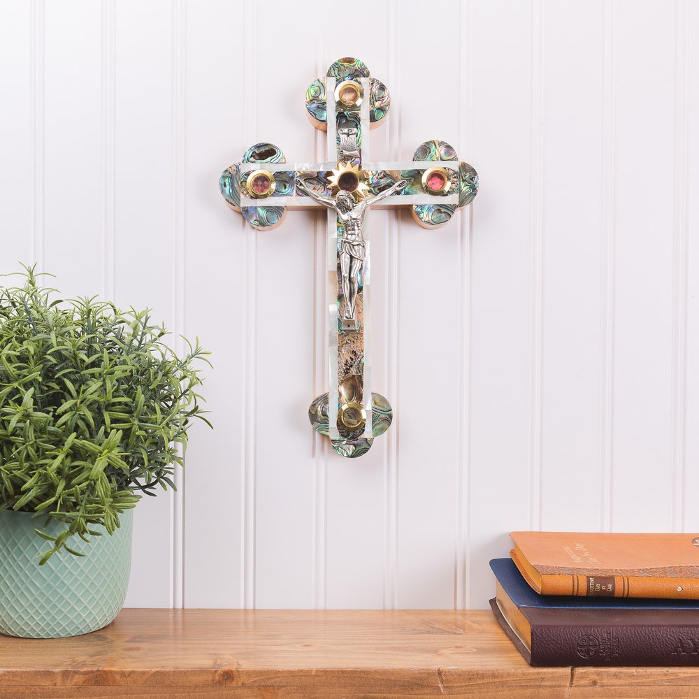 Olive Wood & Mother of Pearl Crucifix with 5 Elements - 11"