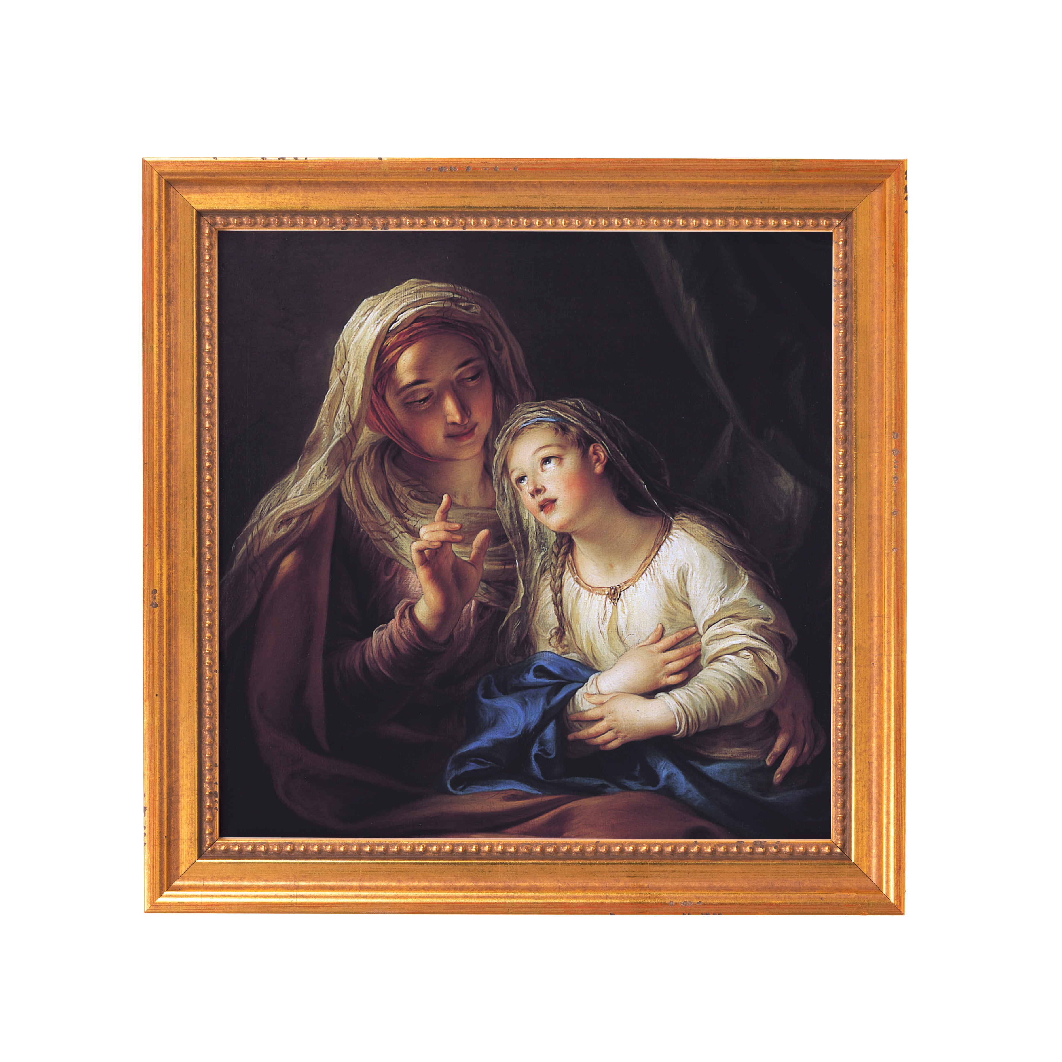 Framed oil painting depicts a woman and child in light robes on dark background.