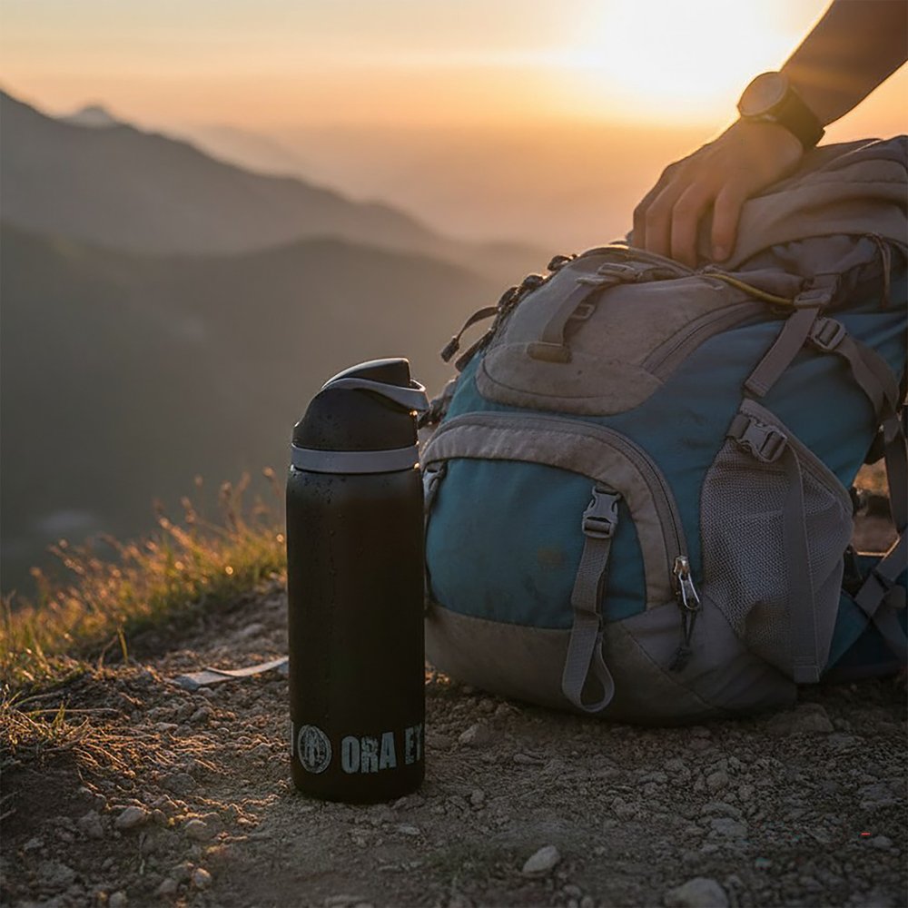 Black stainless steel water bottle with logo, next to a backpack on a scenic mountaintop at sunset.