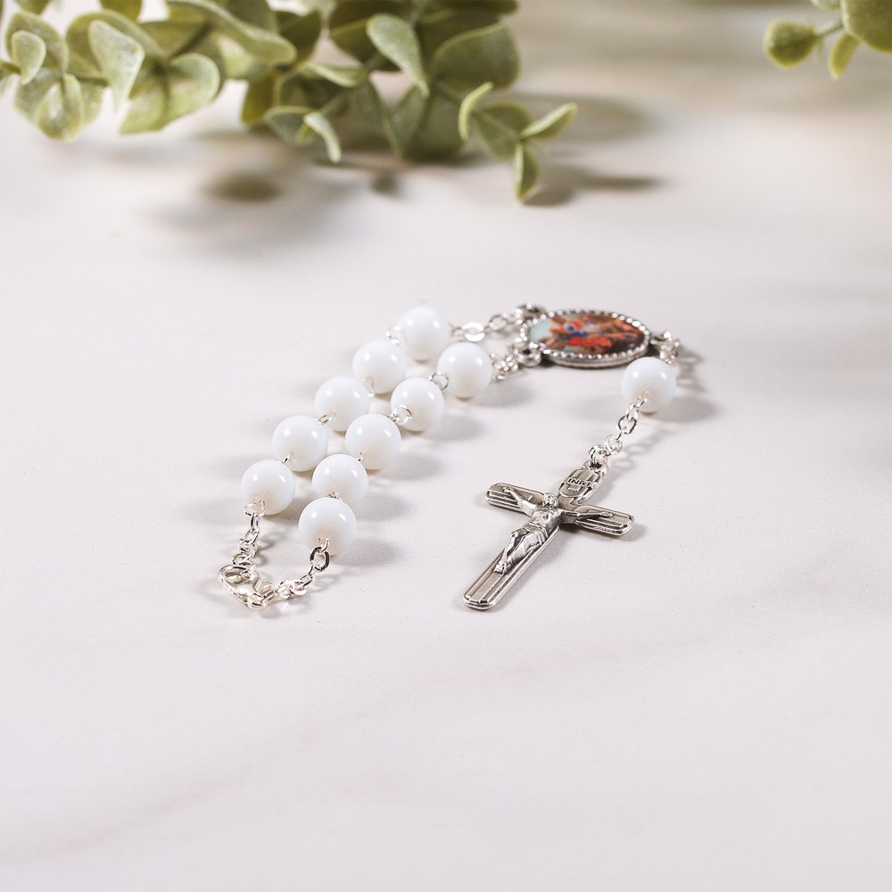 St. Michael White Glass Auto Rosary