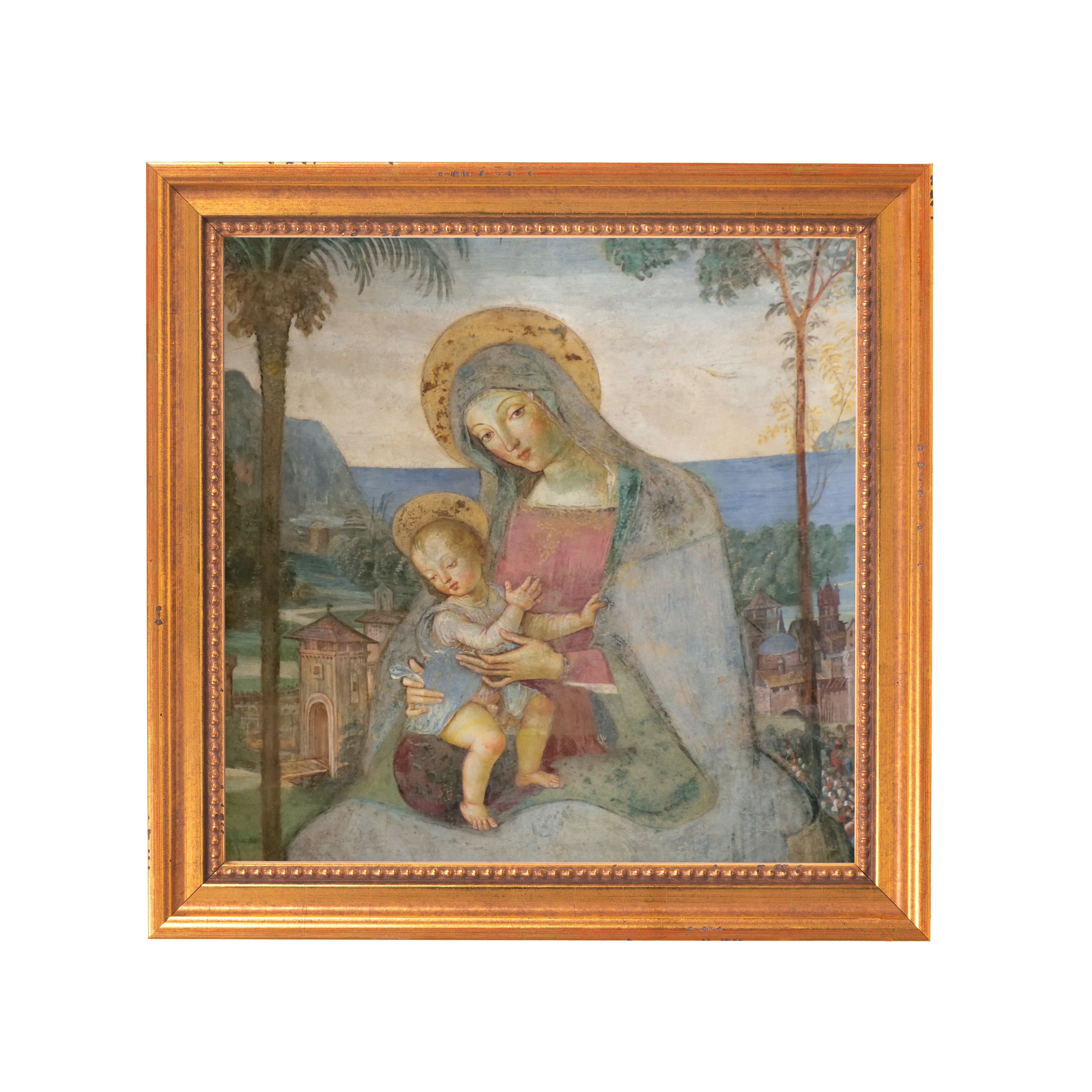 Framed art: Mother and Child religious painting in a gold-tone frame.