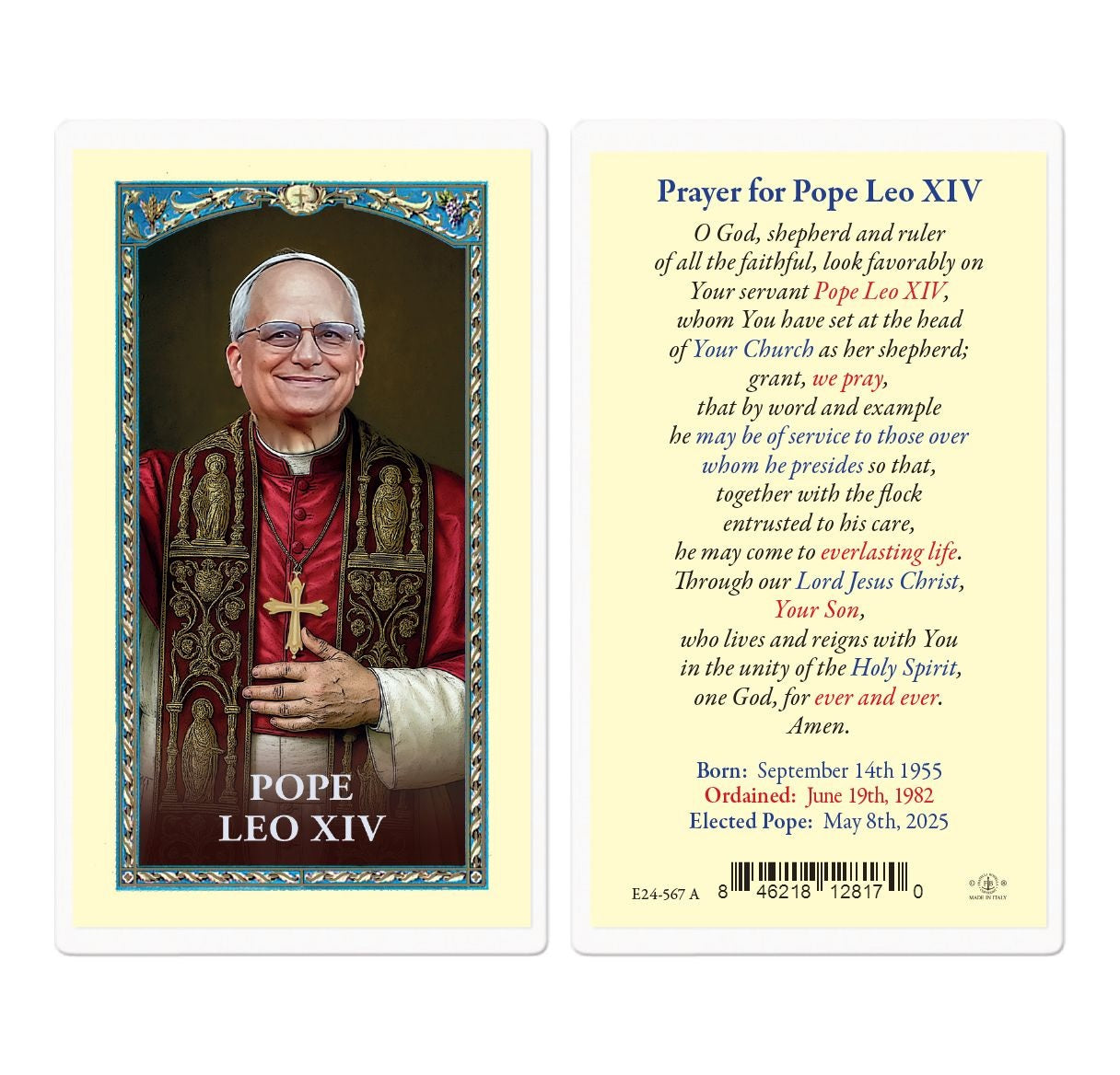 Pope Leo XIV Laminated Prayer Card