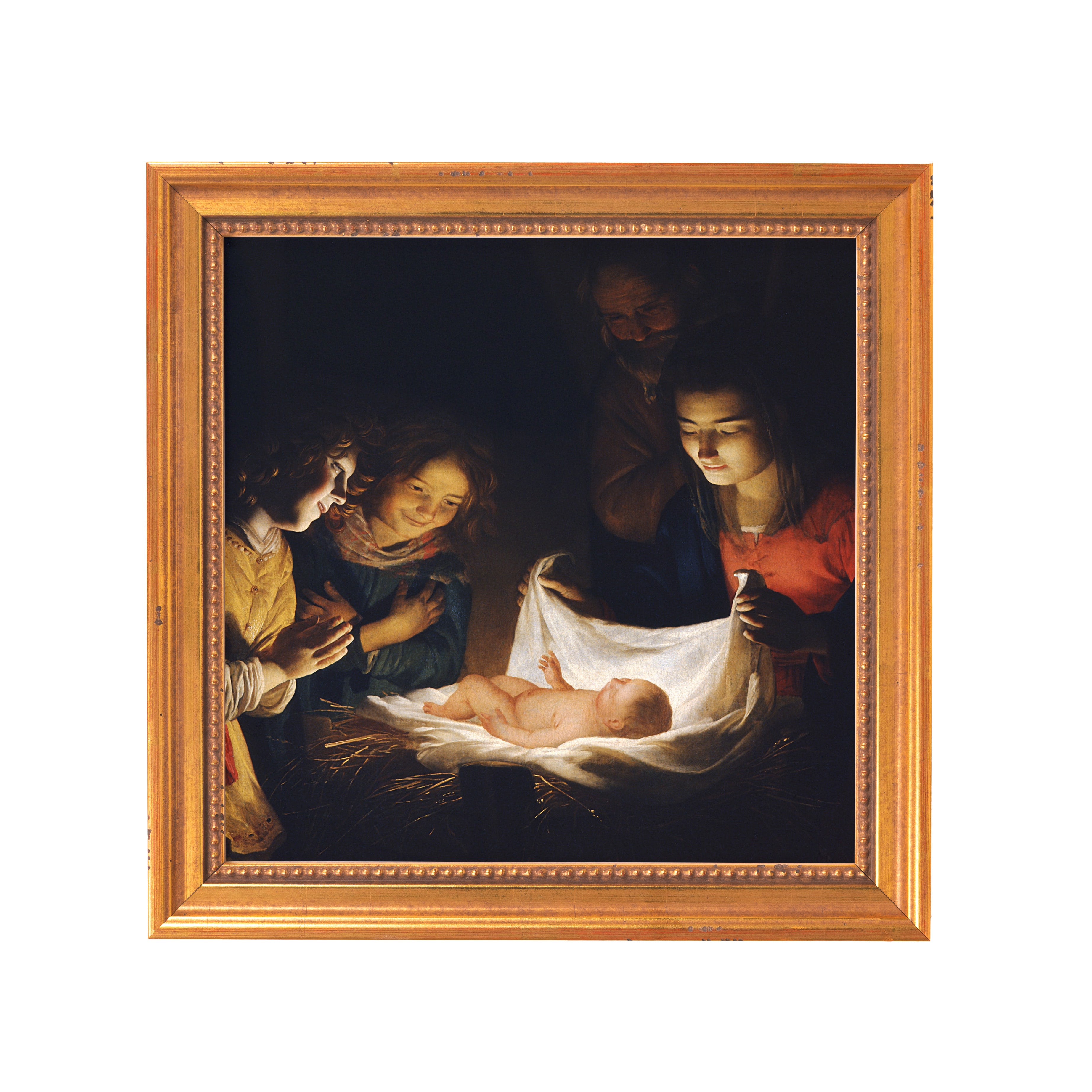 Framed painting shows the Nativity scene with golden frame, dark colors, and a baby in a manger surrounded by people.