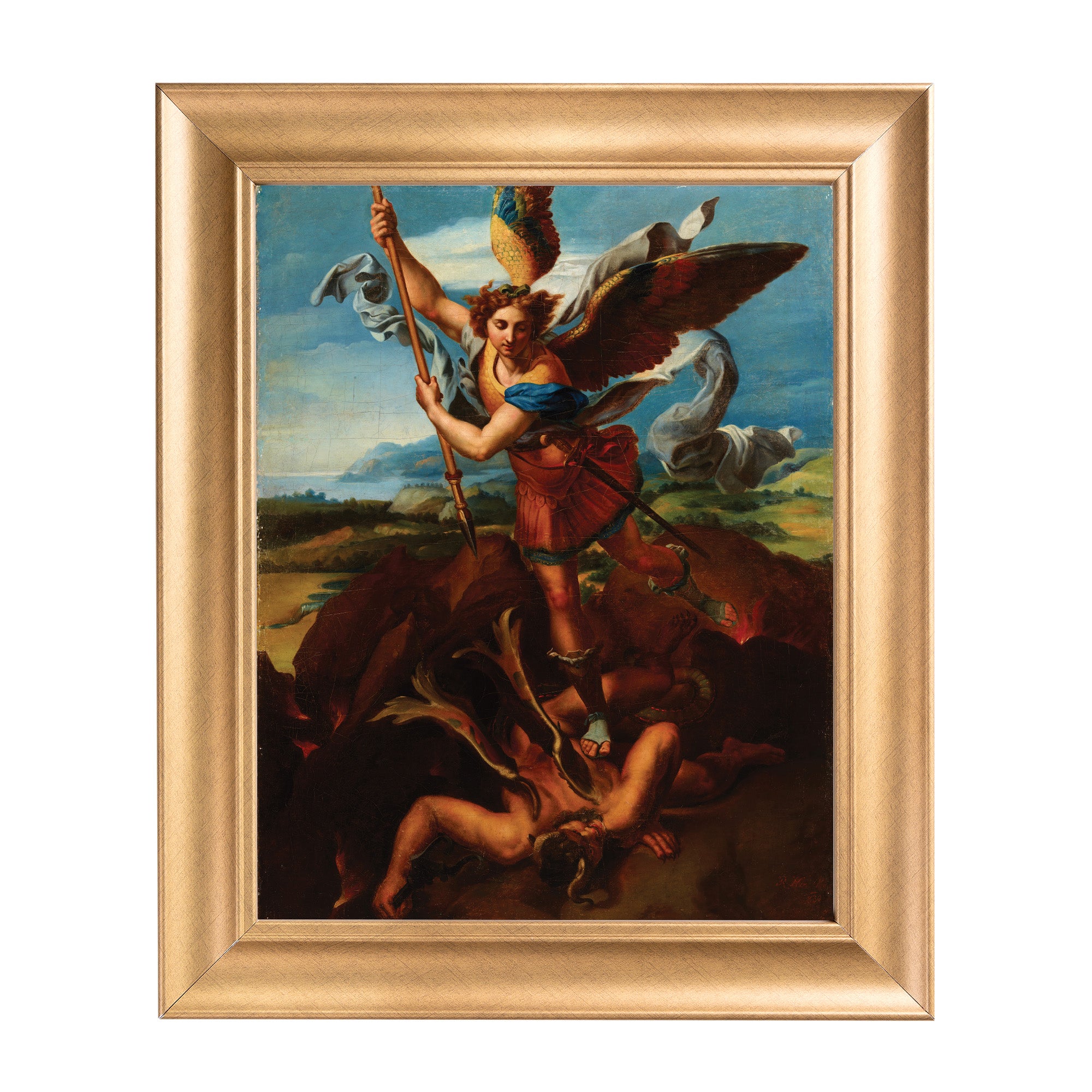 Framed painting of Saint Michael defeating Lucifer in oil. Gold frame.