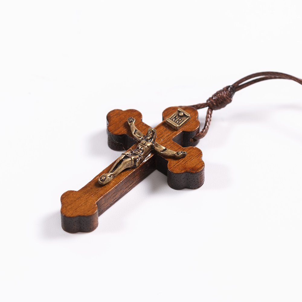 Wooden Budded Crucifix Corded Necklace