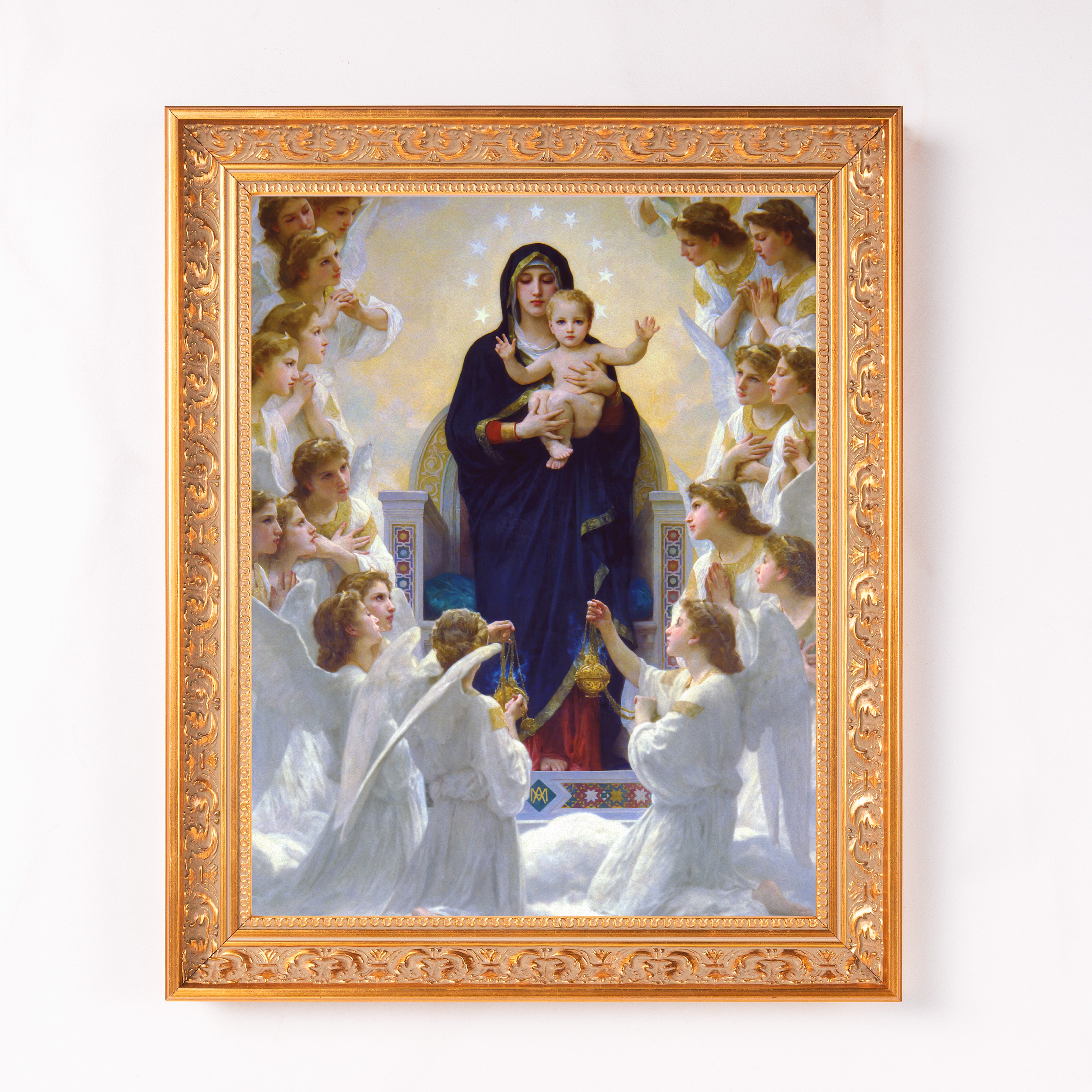Framed art print, Mary and Jesus surrounded by angels, in ornate gold frame.