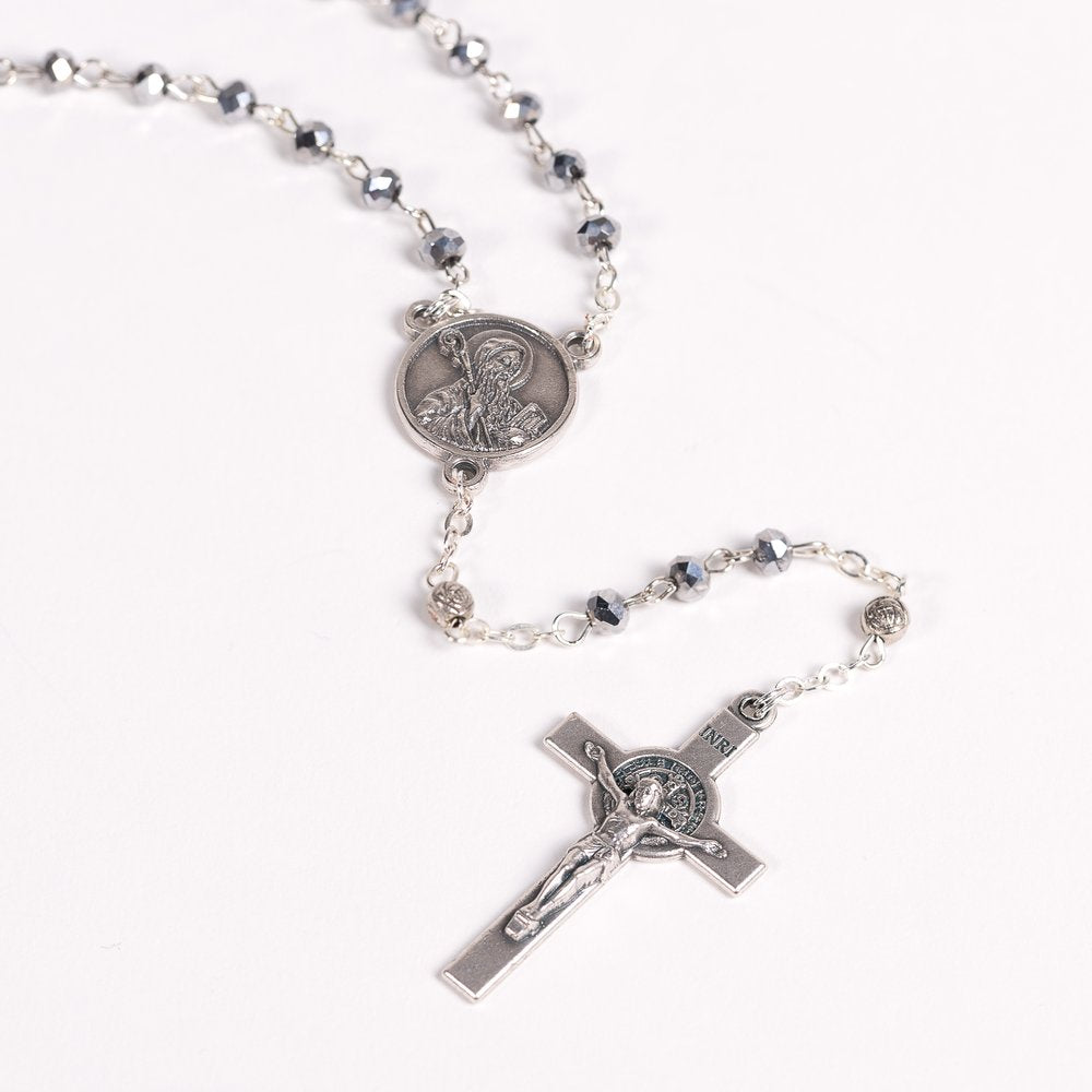 Italian Silver Glass St. Benedict Rosary & St. Benedict Rosary Box Set