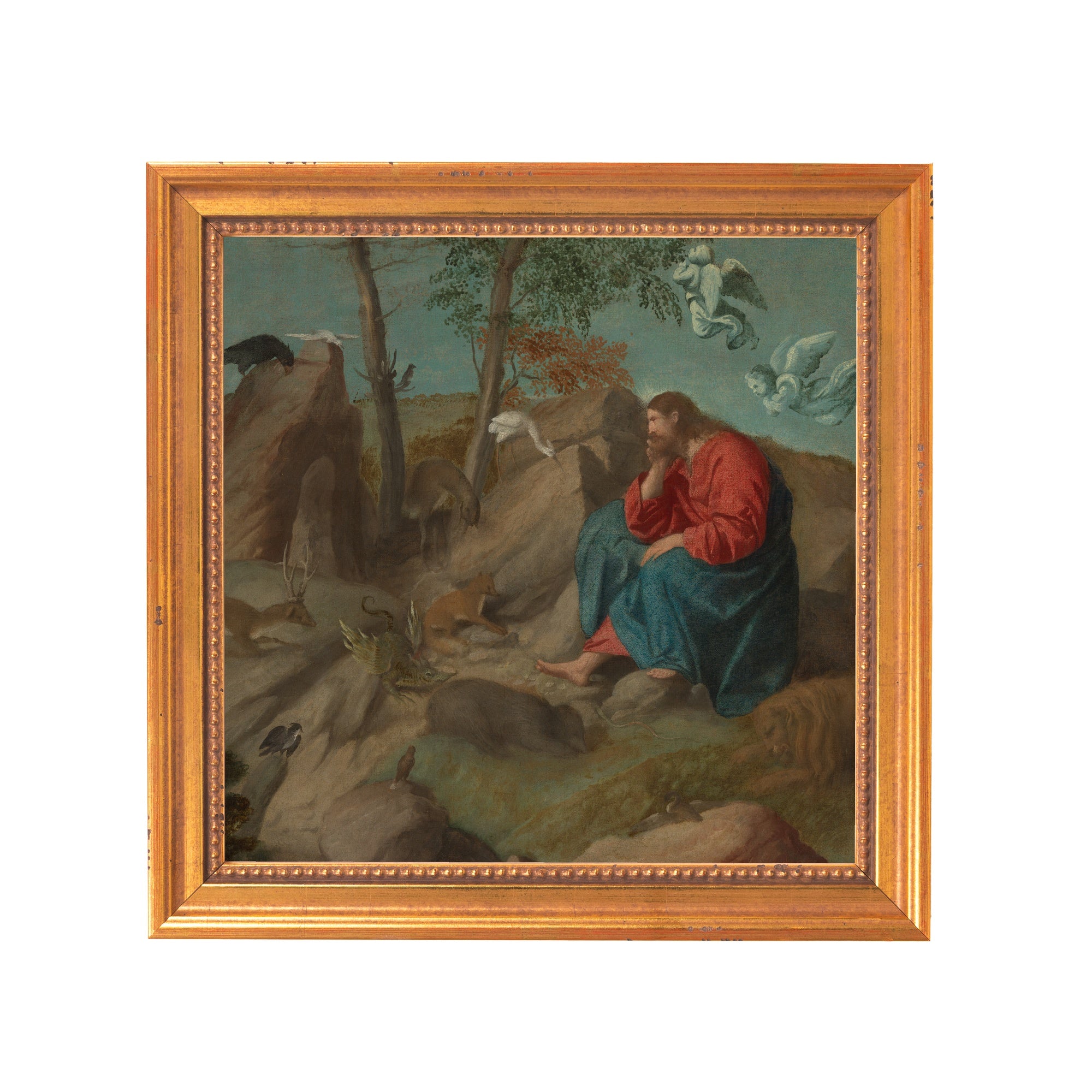 Framed Oil painting of Jesus in the desert, wearing red and blue robes, with gold frame and neutral background.