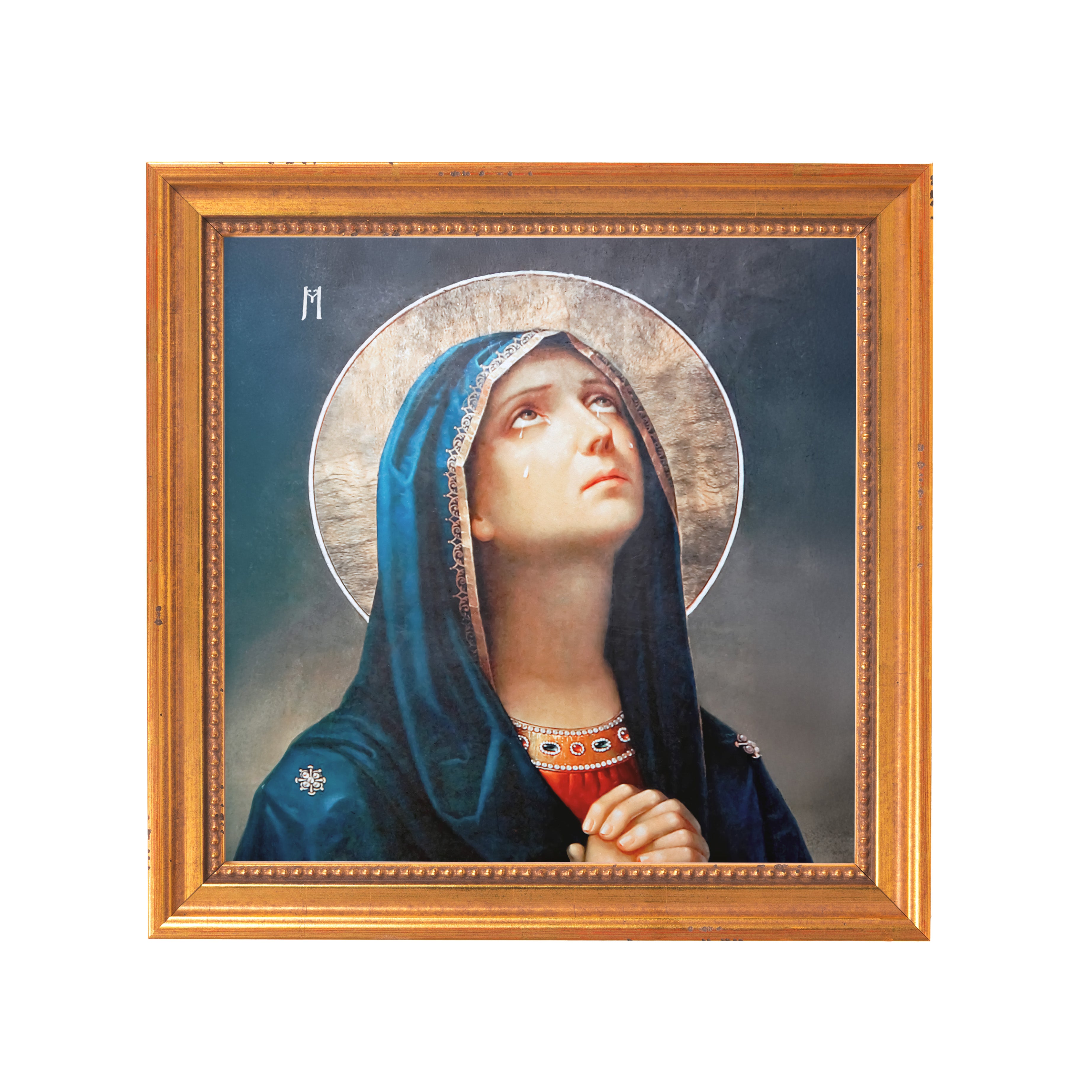 Mary, framed religious art, shows woman with blue head covering and golden halo, tears falling from her eyes.