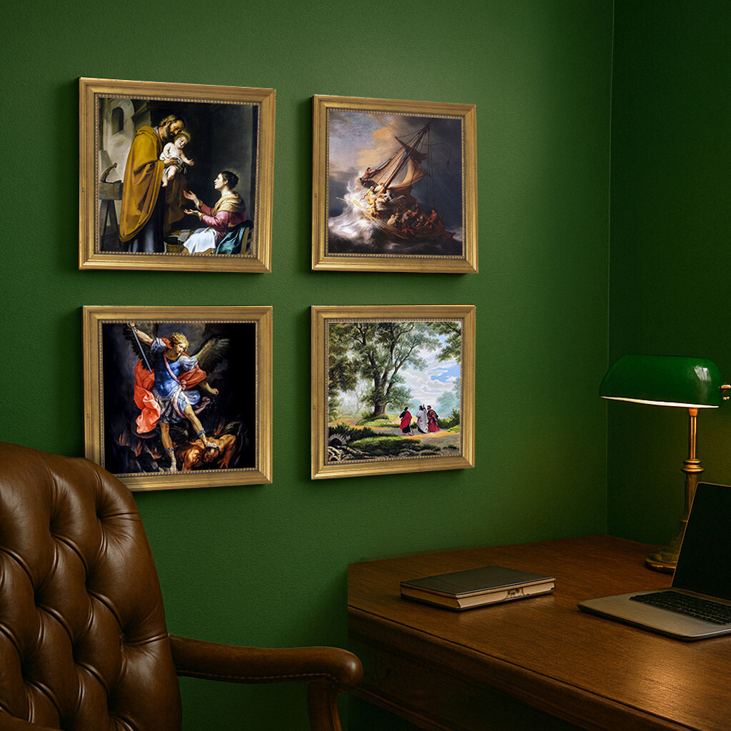 Four framed historical painting reproductions with gold frames, hanging on a dark green wall in an office setting.
