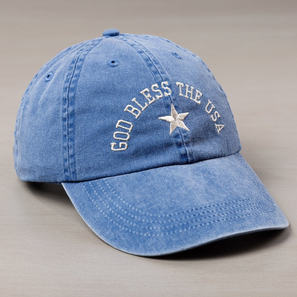 Blue, cotton baseball cap with "God Bless The USA" embroidered on the front.