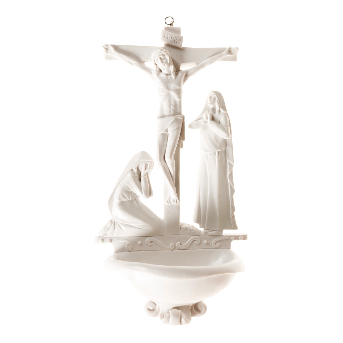 Italian White Alabaster Crucifixion Holy Water Font