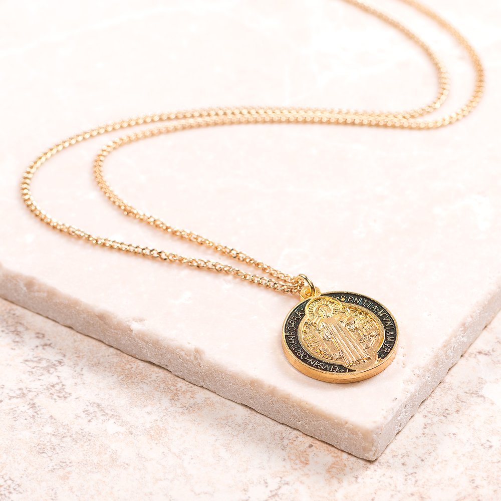 St. Benedict Gilt Gold and Navy Medal with chain