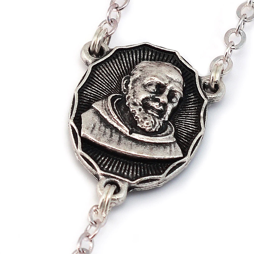 Antique Silver & Wood St. Padre Pio Rosary