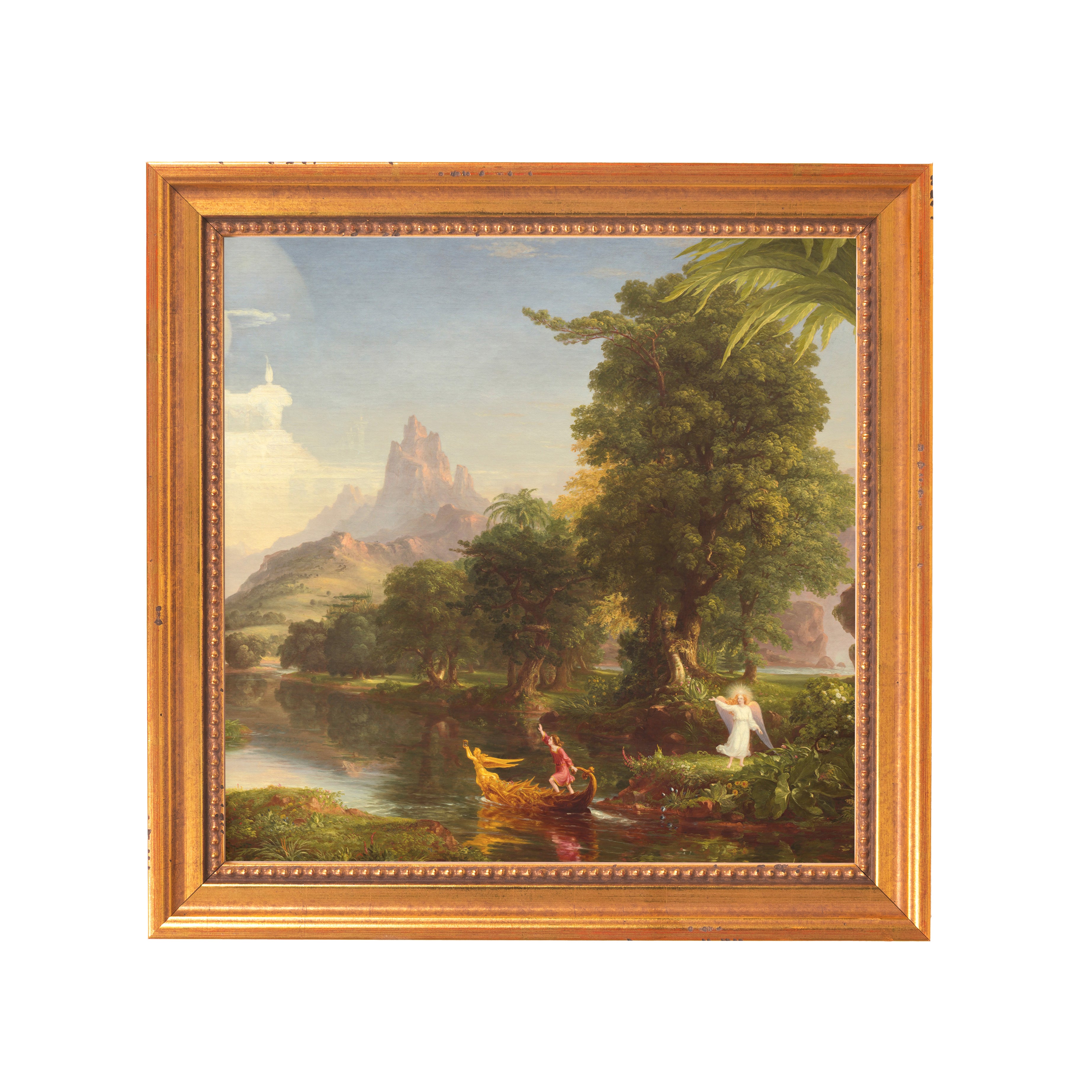 Framed painting depicts an allegorical landscape with figures, in a golden wood frame.
