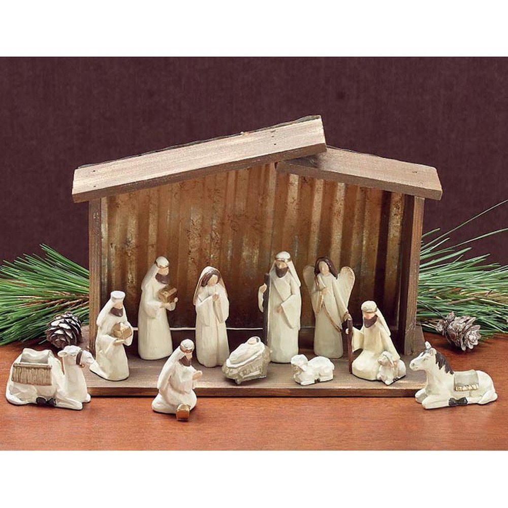 Carved Wood-Style White & Gold Nativity - 12 Pieces
