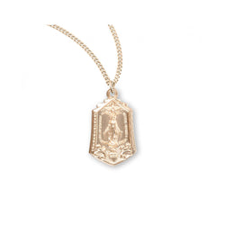 Gold-toned necklace with a rectangular, religious pendant depicting a woman.
