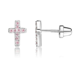 Girl's Sterling Silver & Pink Cubic Zirconia Cross Earrings