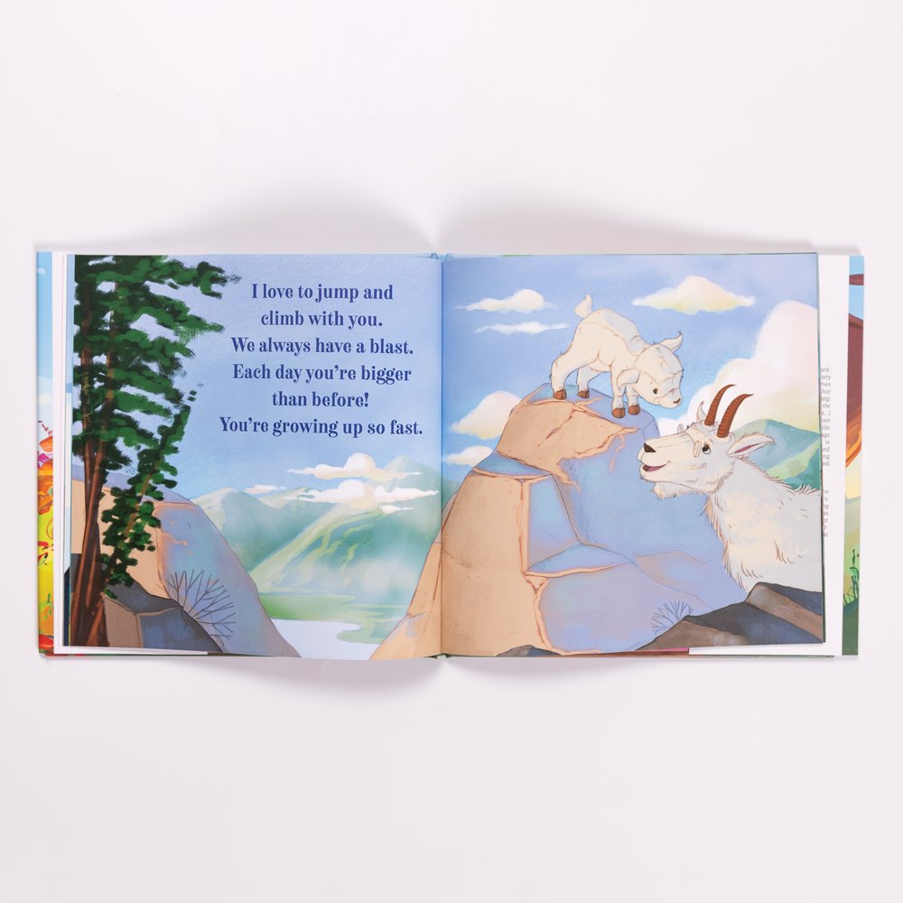 Opened, Hardcover book with illustration of two mountain goats in a blue landscape scene.