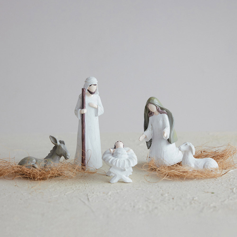 Resin Holy Family Nativity Set with Donkey & Sheep - Set of 5
