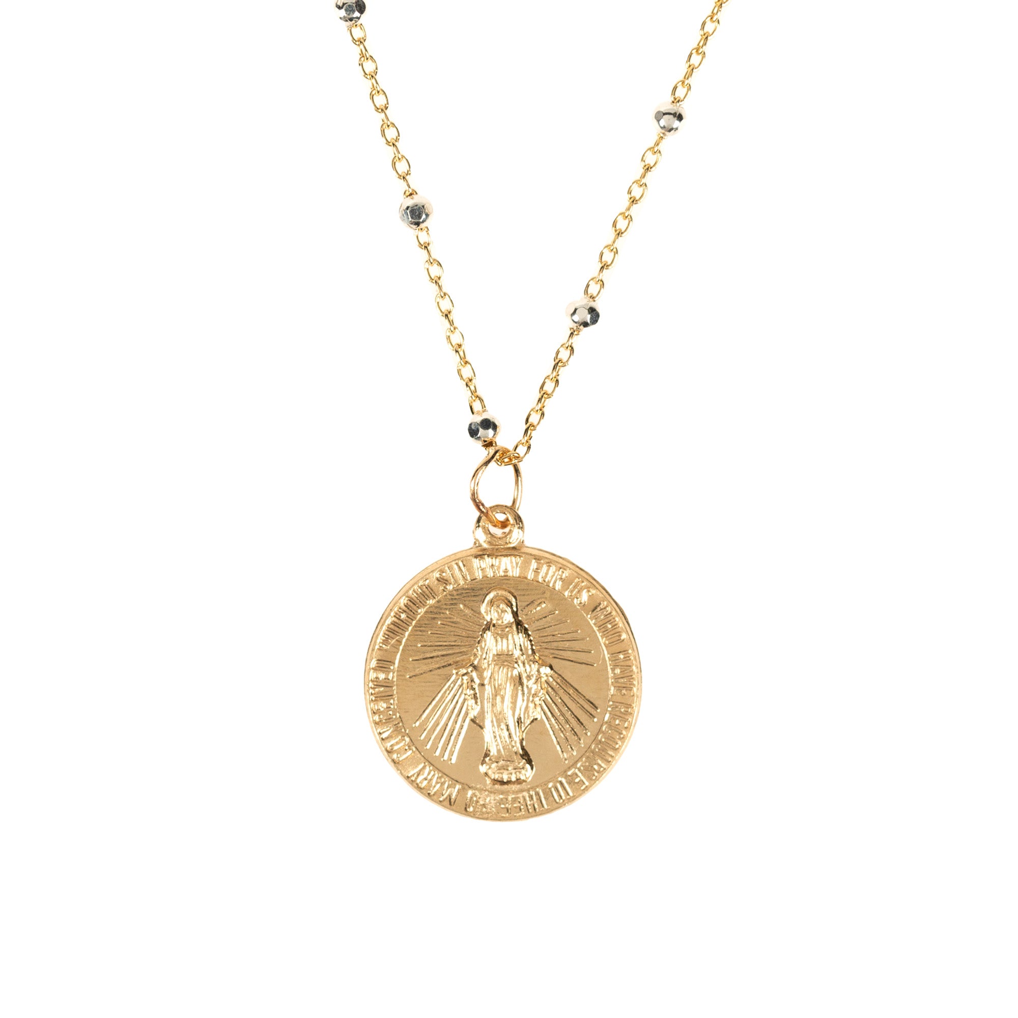Round Miraculous Medal Necklace with Beaded Accents