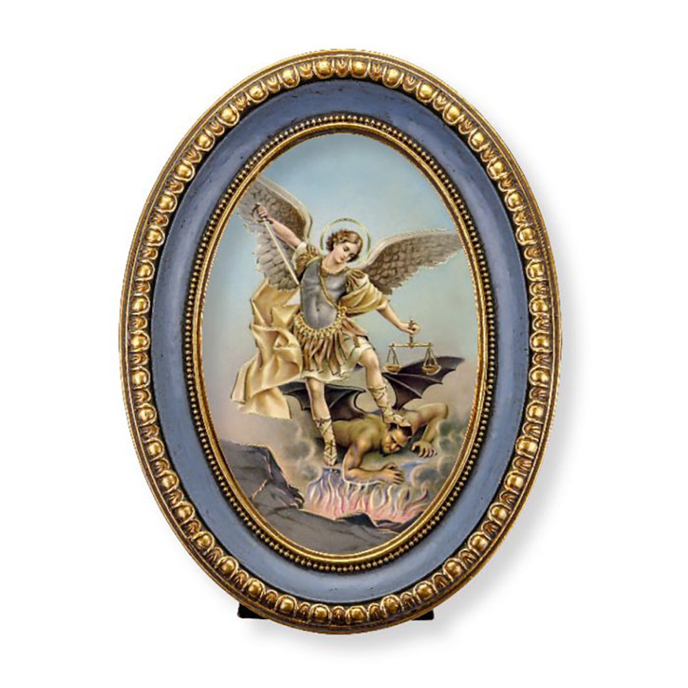 St. Michael Print in Blue Oval Frame - 7.5" x 5.5"