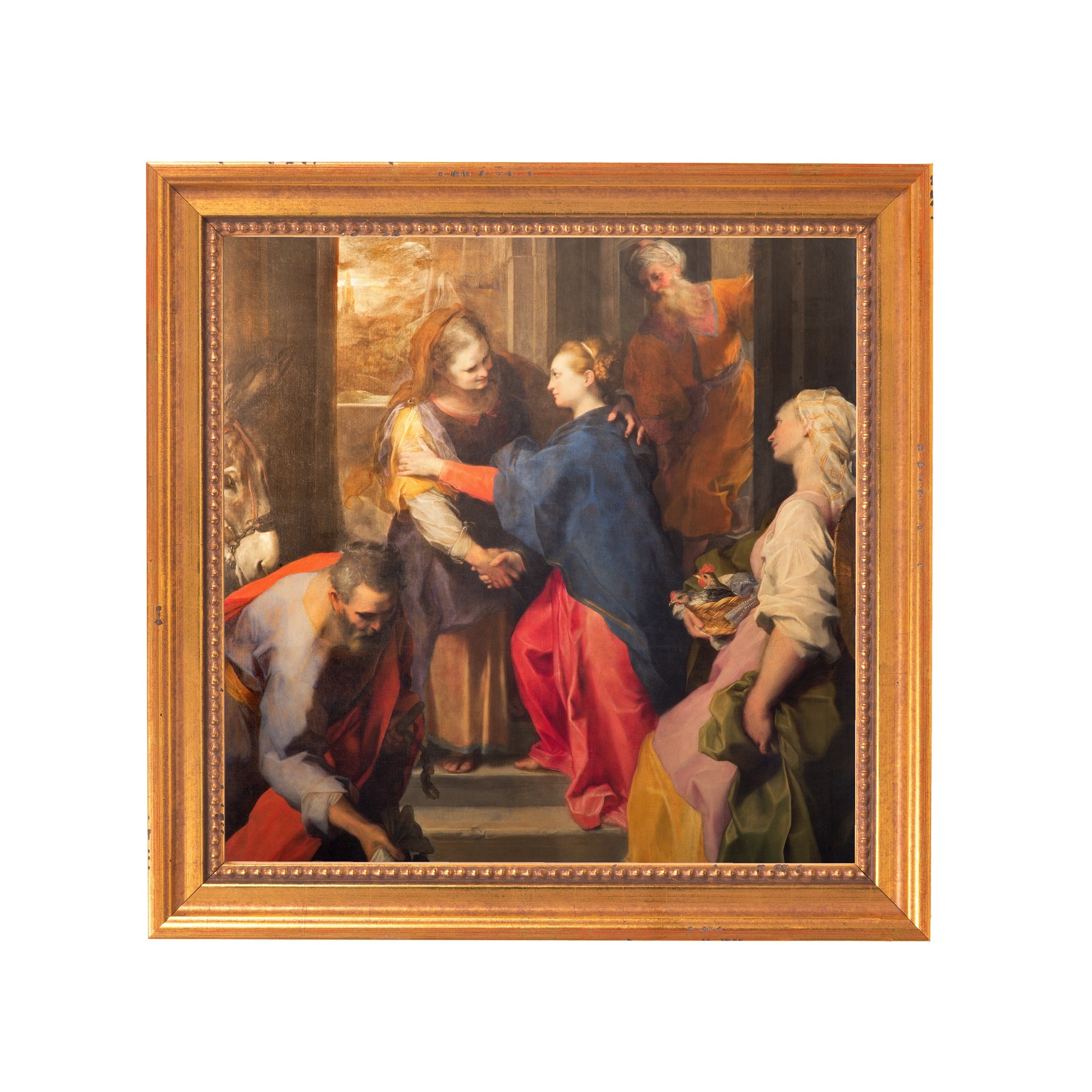 Framed painting of people in antique clothes, with a gold frame.