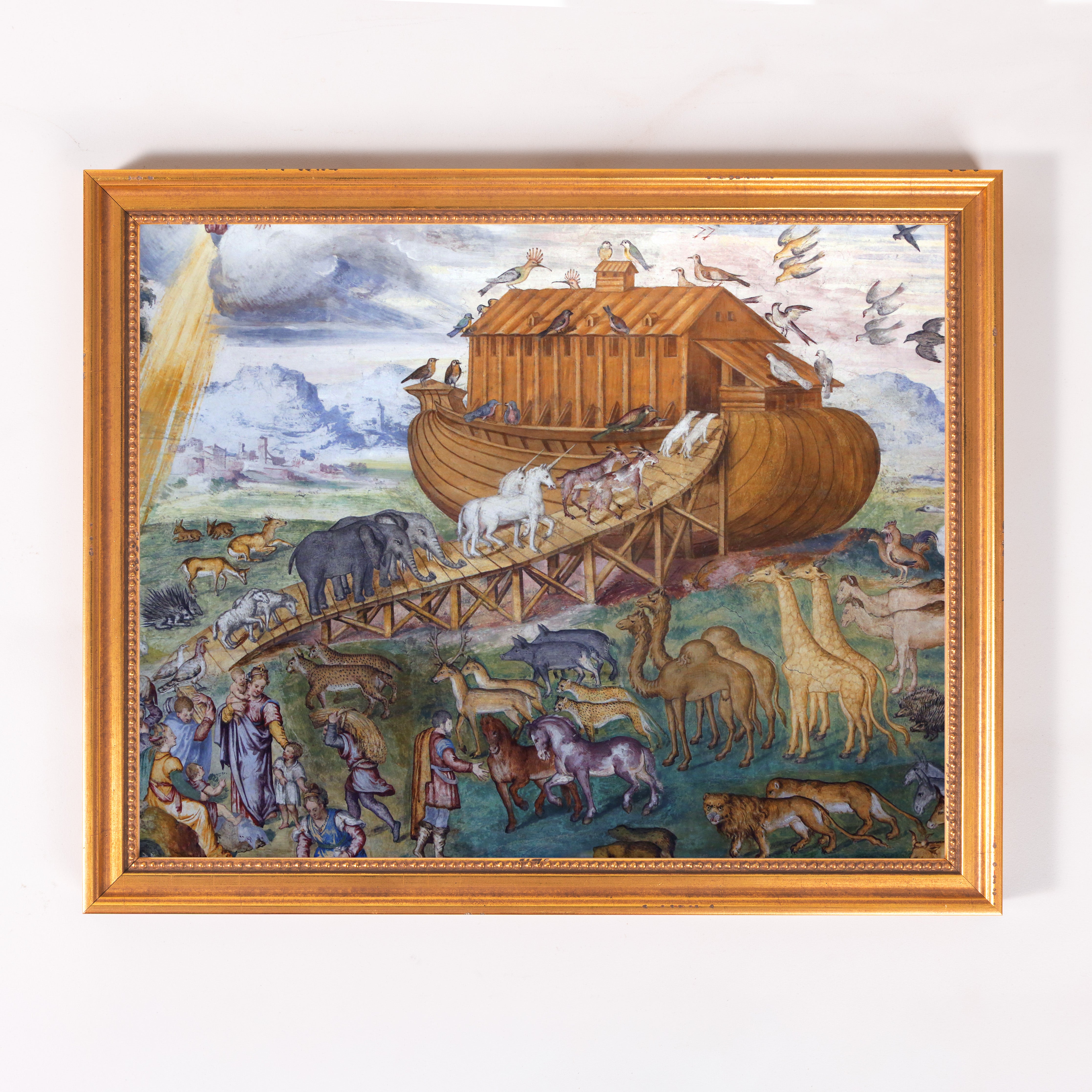 Framed Noah's Ark print: animals and people entering ark, warm tones, gold frame.