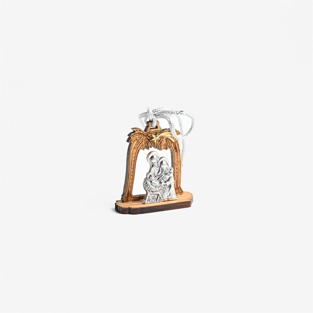 Olive Wood Nativity Ornament with Silver Nativity & Palms