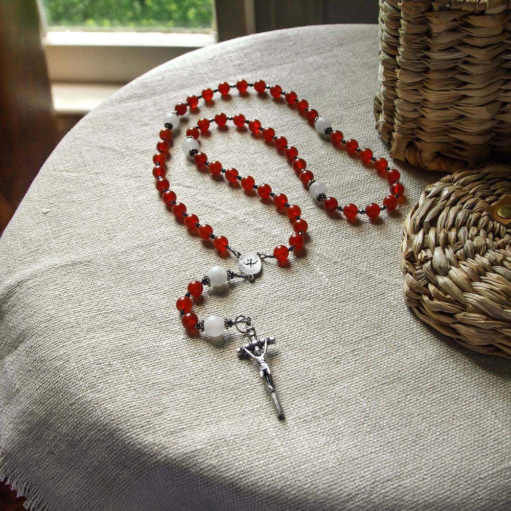 Pope Leo XIV Red Carnelian & White Jade Holy Spirit Rosary