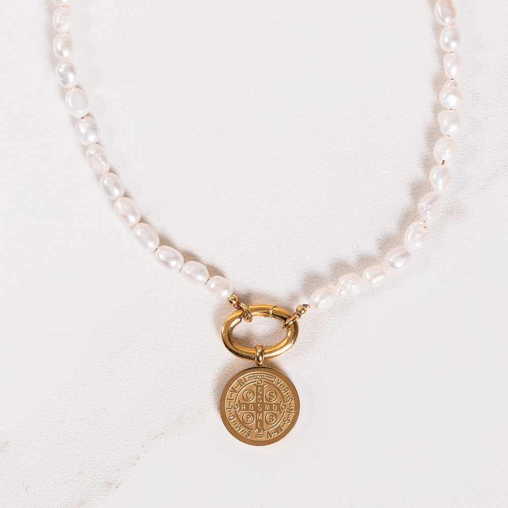 Freshwater Pearl & Gold St. Benedict Medal Necklace - Small or Large
