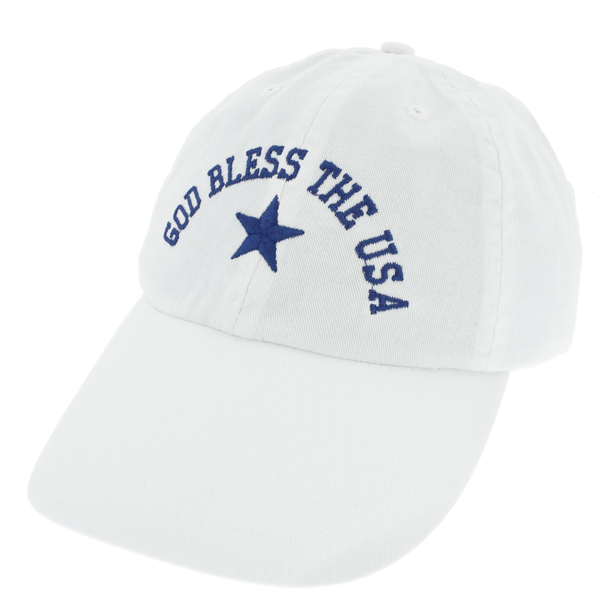 White baseball cap with "God Bless the USA" in blue with a blue star.