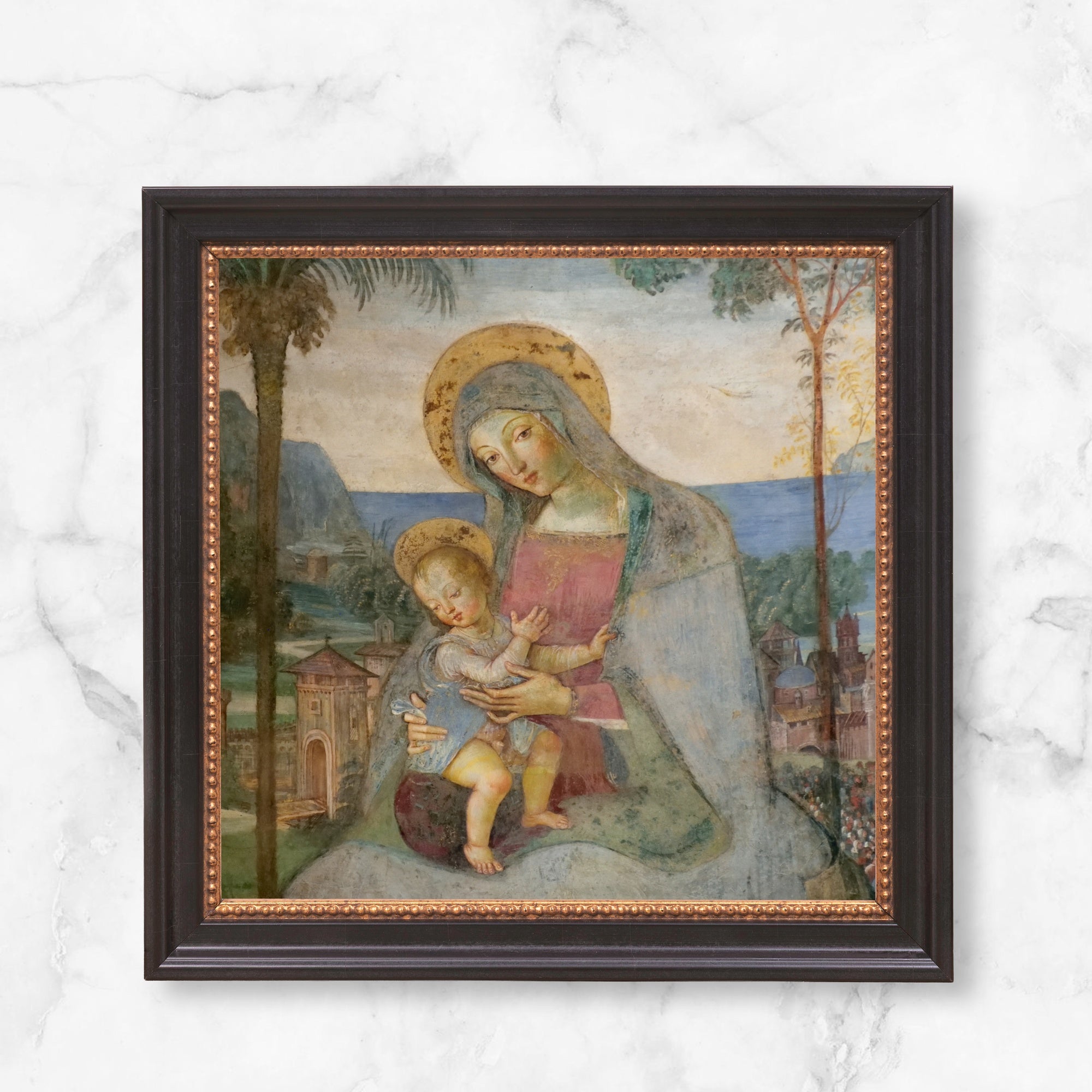 Framed painting, Madonna and child, muted colors, Renaissance style.