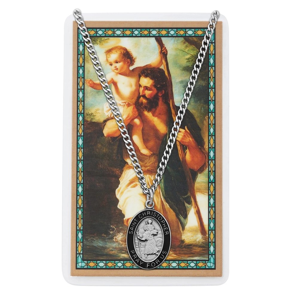 St. Christopher Enamel Necklace & Laminated Prayer Card Set
