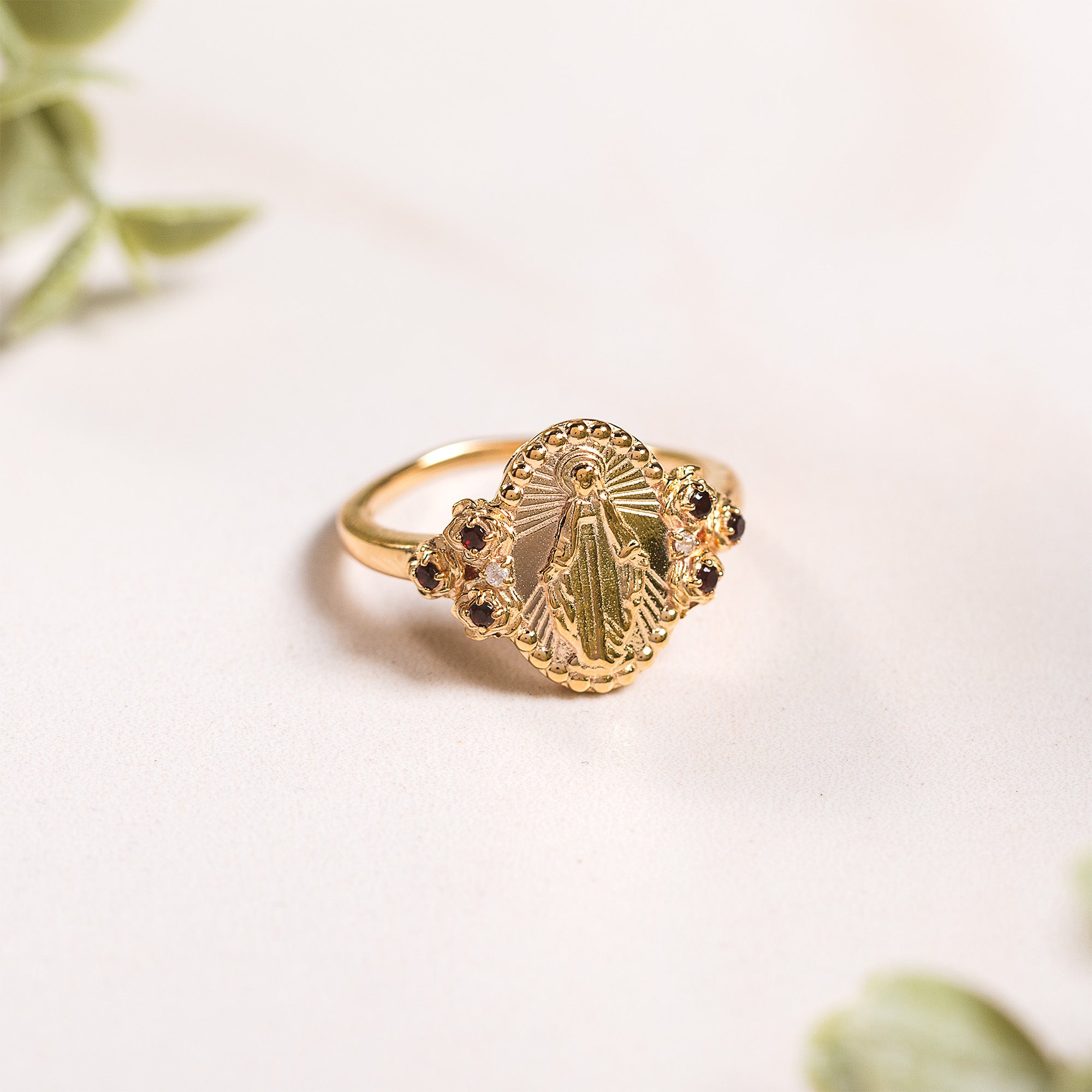Gold Miraculous Medal & Rose Accent Ring - Multiple Sizes