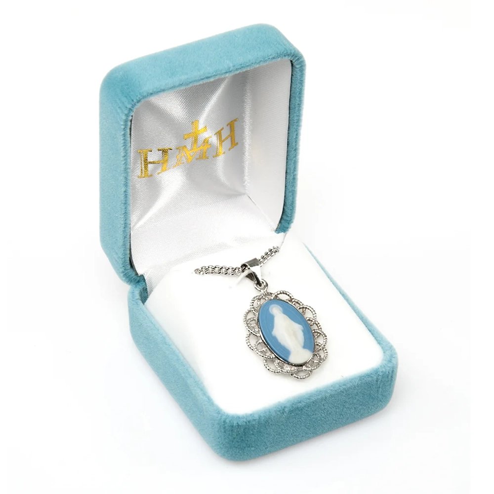 Light Blue Cameo Miraculous Medal Necklace
